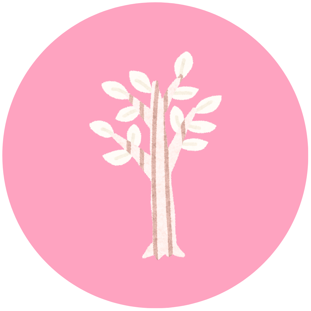 A stylized illustration of a tree with a brown trunk and white leaves on a pink circular background.