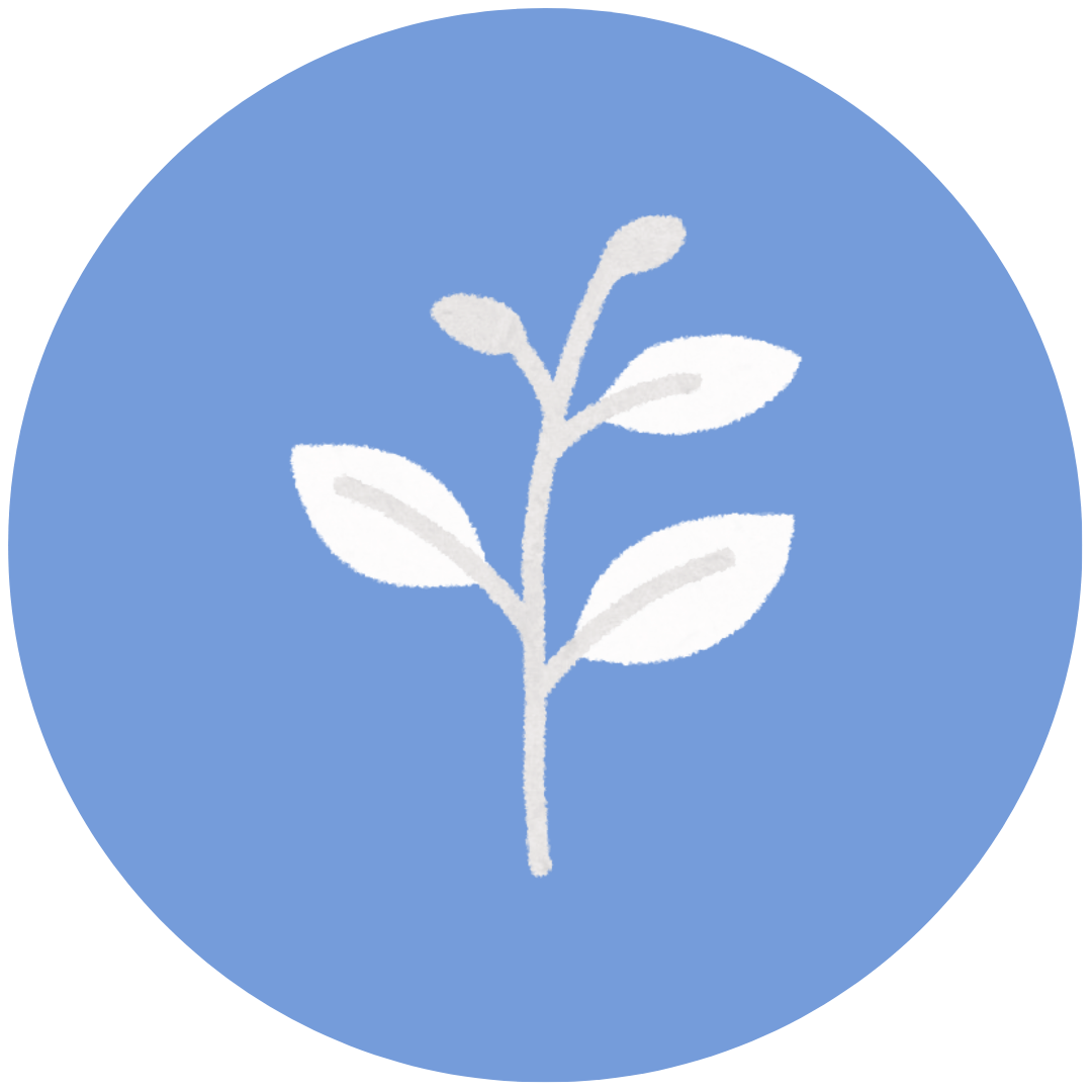 A white plant icon with three leaves and two small buds on a blue circular background.