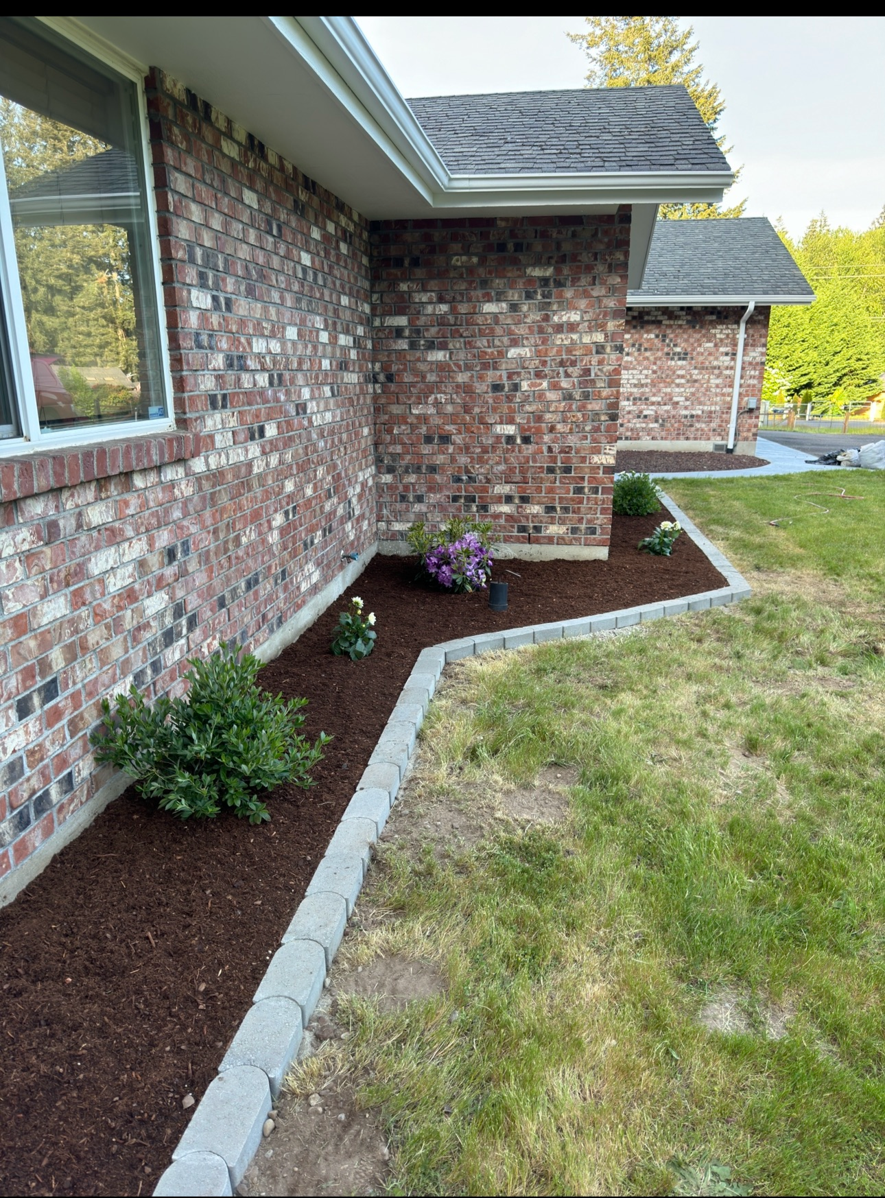 A brick house with a freshly landscaped flower bed edged with gray bricks, containing small bushes and flowering plants, in the Lake Tapps area