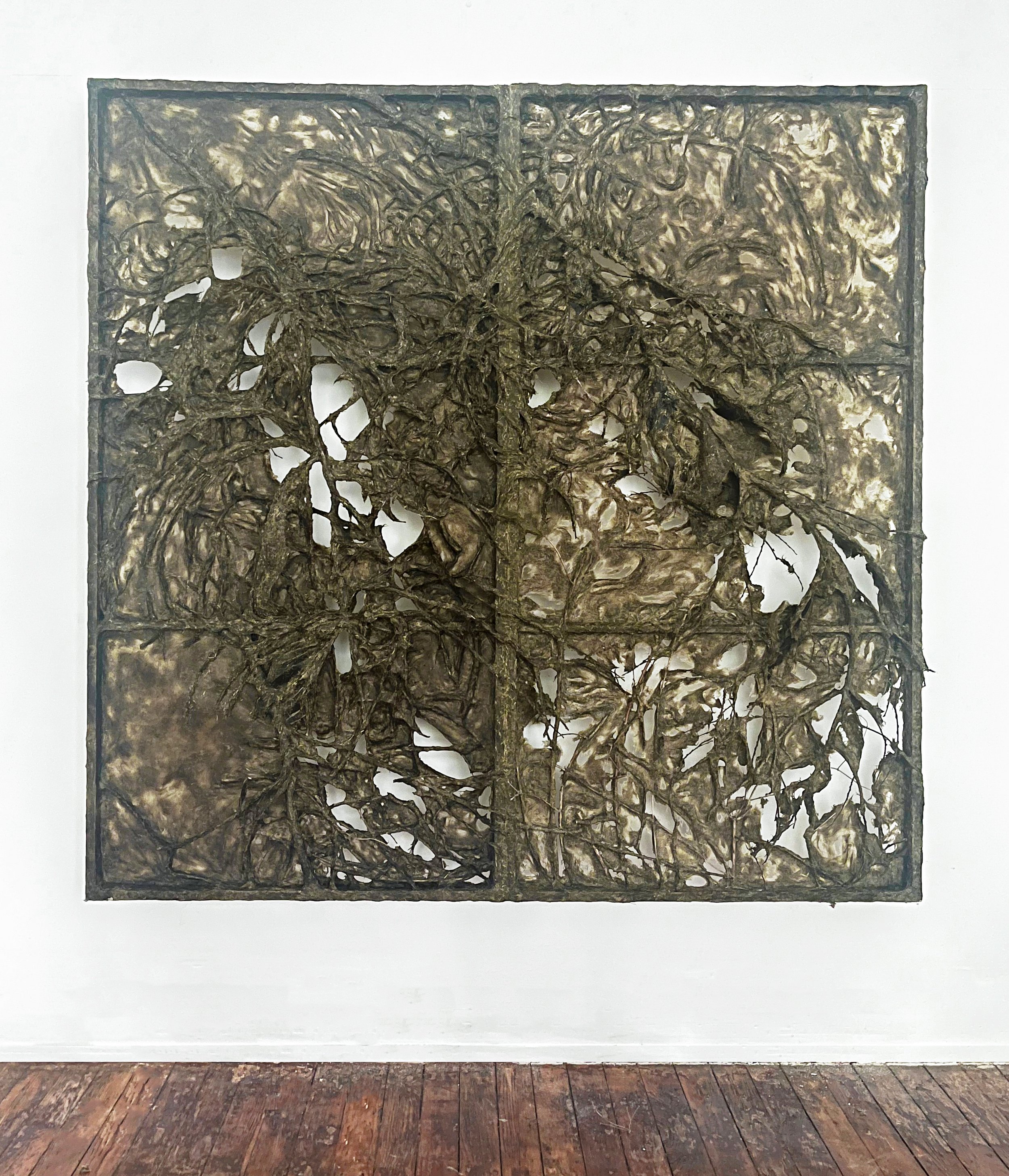 FIELD [LIN], 2023, grass bioplastic, branches, 72” x 72” x 2”