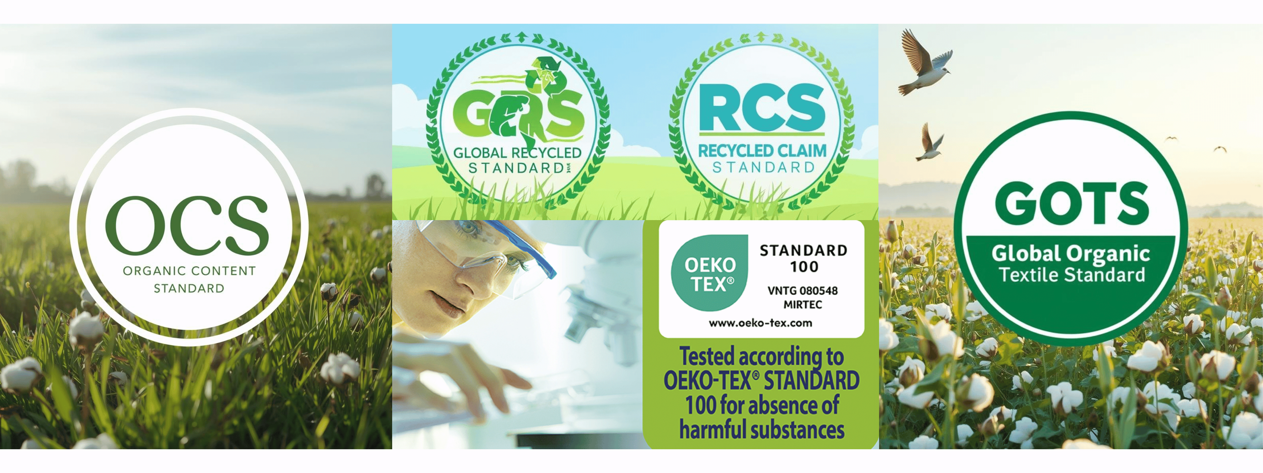 Various eco-friendly labels and certification logos on a background of a field of cotton plants, including OCS, GRS, RCS, GOTS, and OEKO-TEX Standard 100, with a person examining or testing fabric in the background.