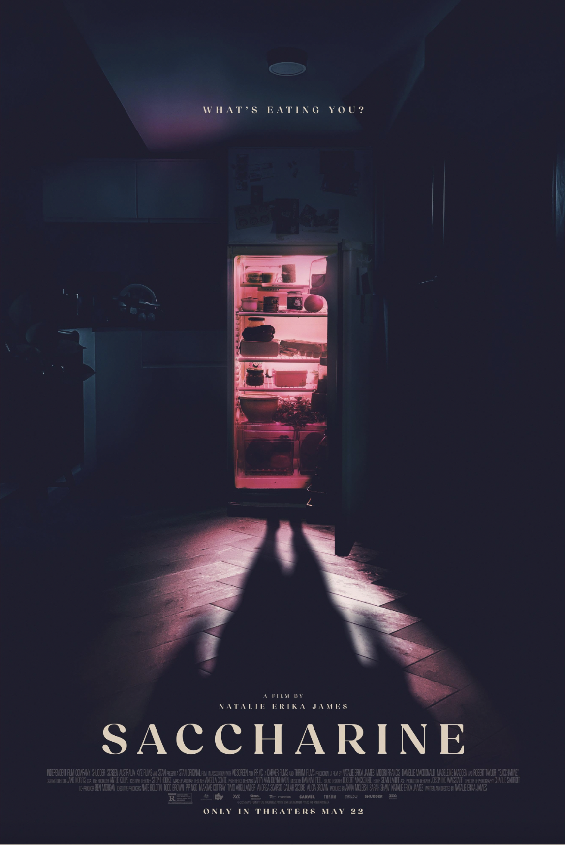 A dark room with a fridge illuminated by pink light, casting a shadow of two people standing in front of it. The fridge interior is visible with food inside. The poster features text: 'What's eating you?' at the top, and 'SACCHARINE' at the bottom, a