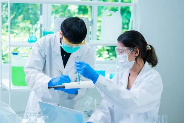 Two scientists wearing lab coats, masks, and gloves conducting experiments in a laboratory with test tubes and lab equipment.