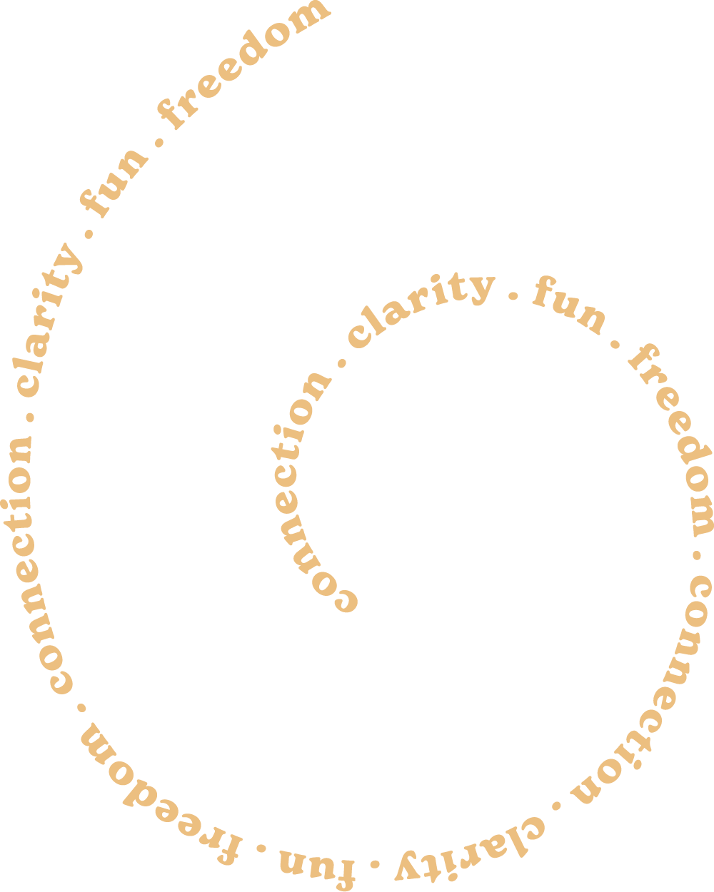 Elemental Alignment's tagline "connection,  clarity, fun, freedom,' arranged in a spiral form.