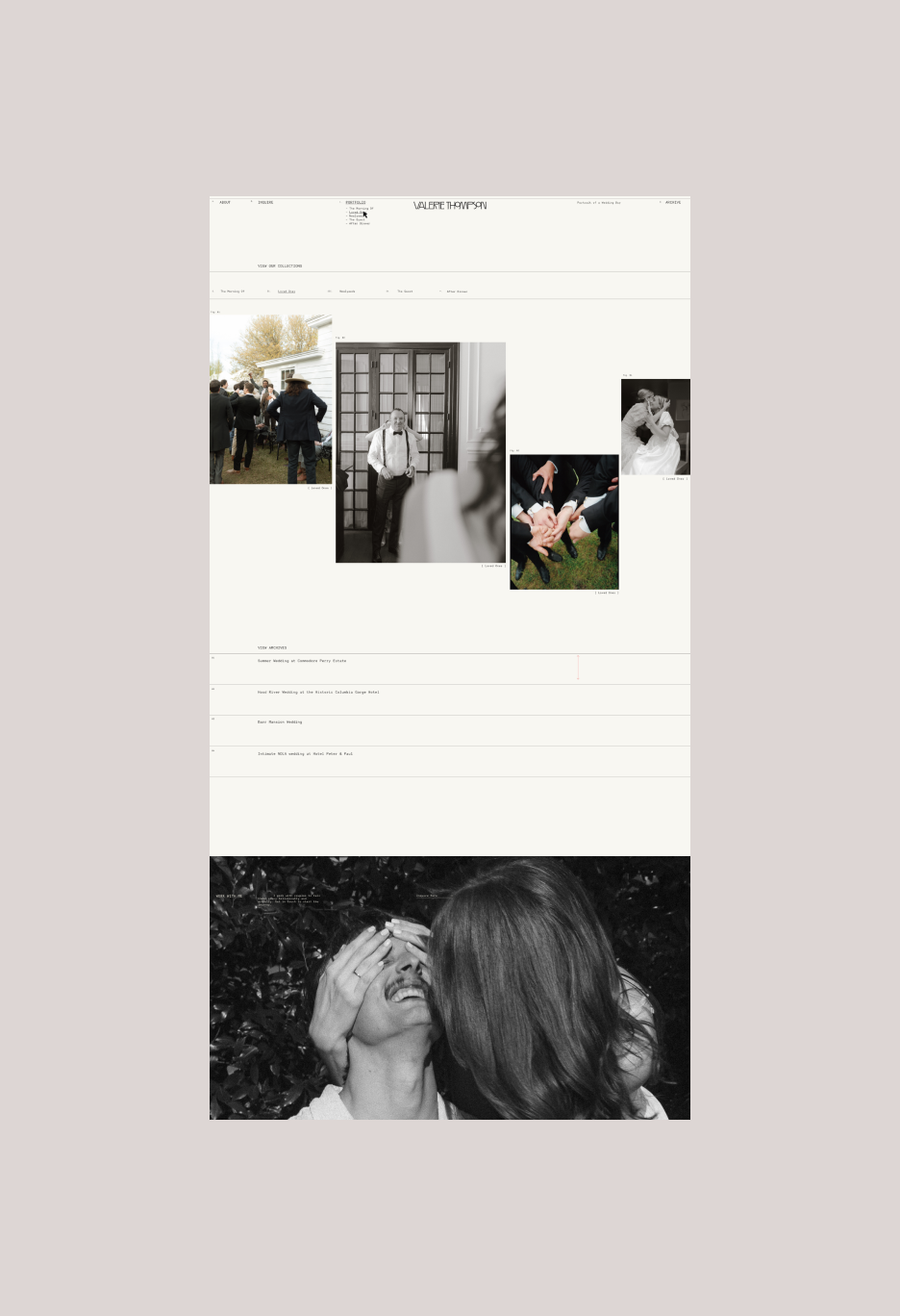 Collage of wedding photos including a groom, groomsmen, a woman in a garden, and group hand-holdings, displayed on a webpage.