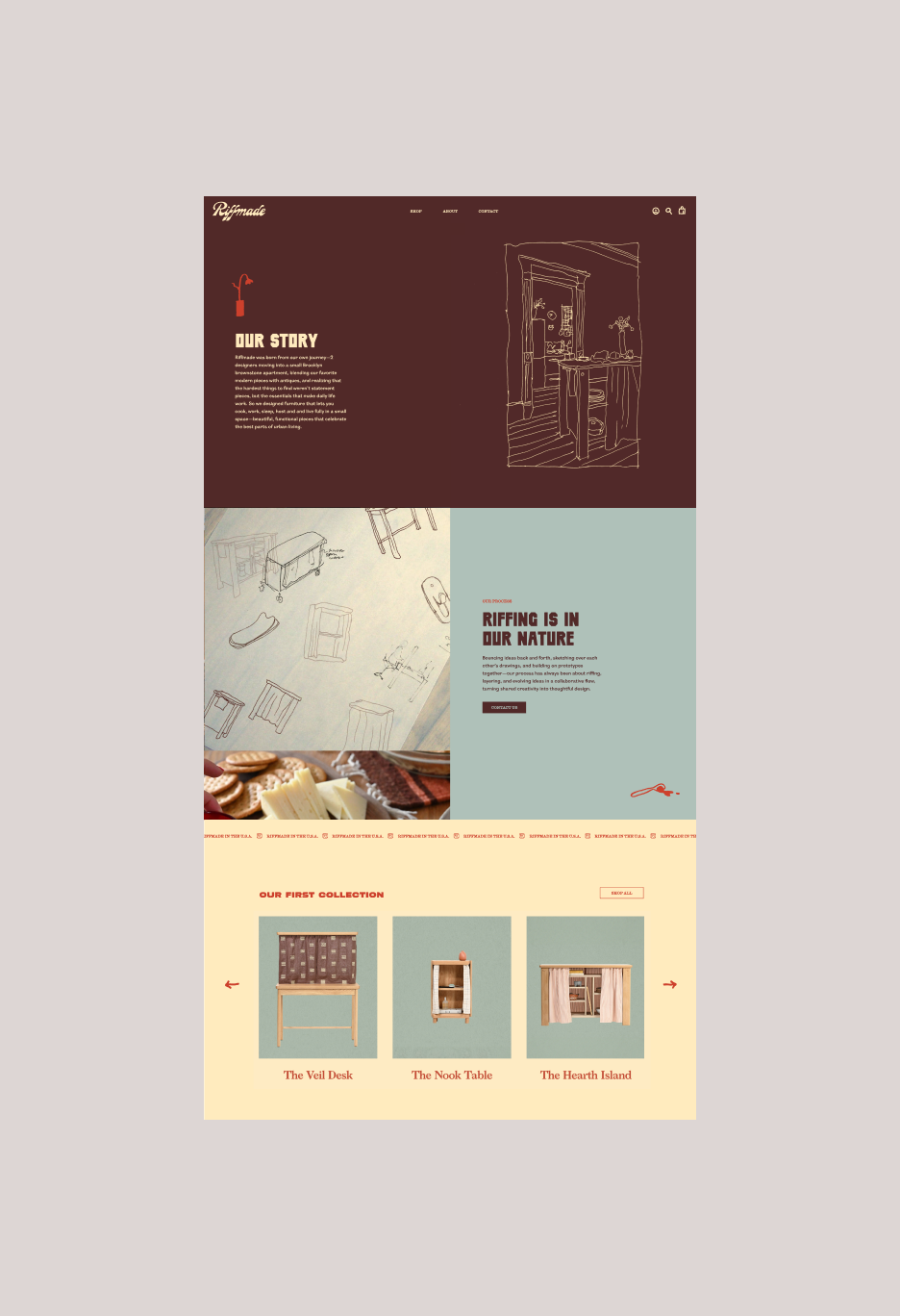 Screenshot of a furniture website homepage with sections about the brand's story, their connection to nature, product collections featuring tables and wall hooks, and a cozy interior reading nook with a large window and built-in seating.