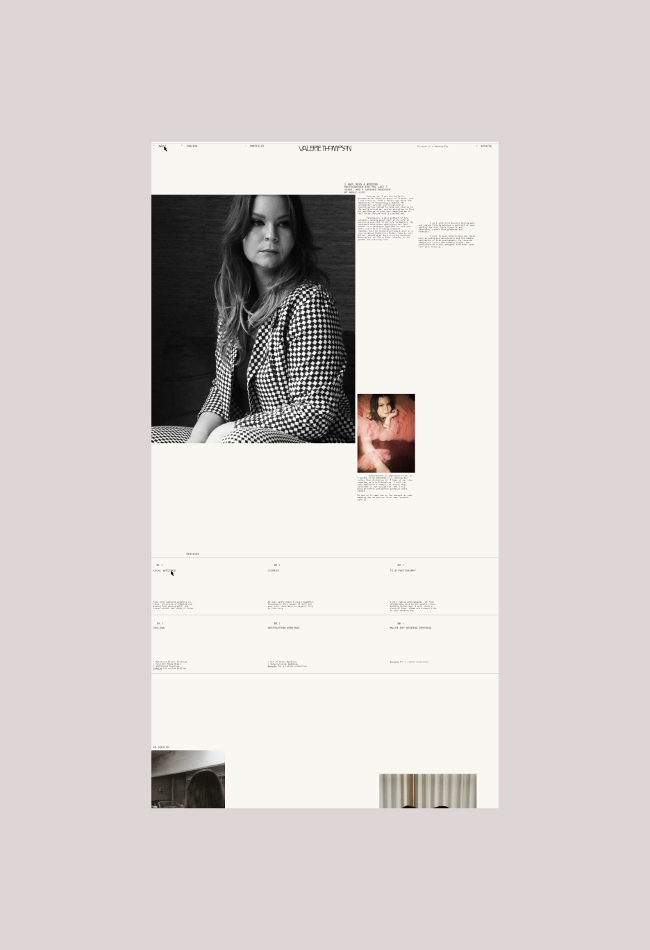 A computer screen displaying a portfolio webpage with the name Valerie Thawpson at the top. It features a large black-and-white portrait of a woman with long hair wearing a checkered blazer, sitting with her arms crossed. There is a smaller color photo of a woman lying on a bed in a pink dress below the portrait. The webpage has sections for different photography genres including wedding, couples, film, and documentary.