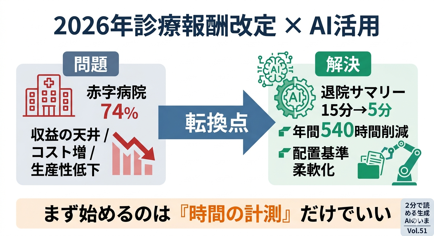 2分で読める生成AIのいま Vol.51赤字病院74%の現実とAI——2026年診療報酬改定が「AI活用」を評価し始めた意味