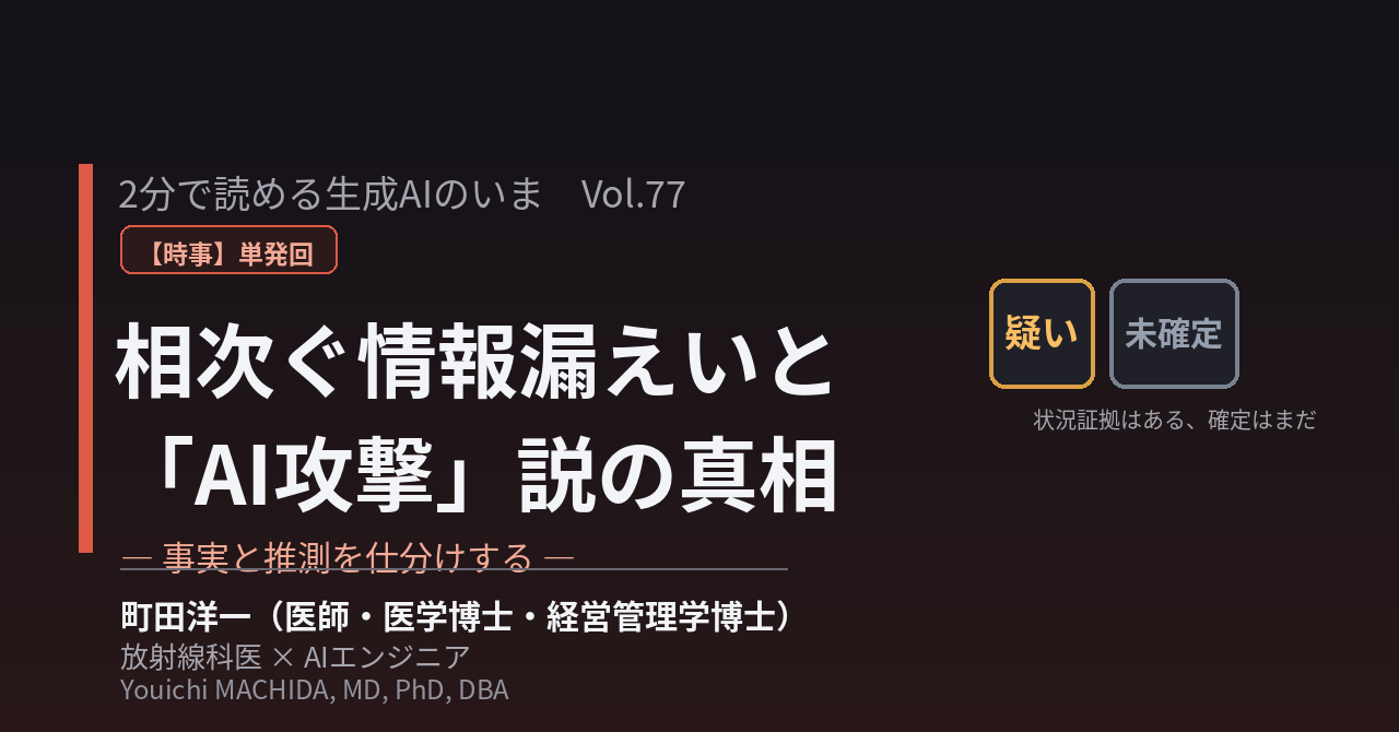 2分で読める生成AIのいま vol.77相次ぐ情報漏えいと「AIエージェント攻撃」説 ―― どこまでが事実で、これから何が起きるのか