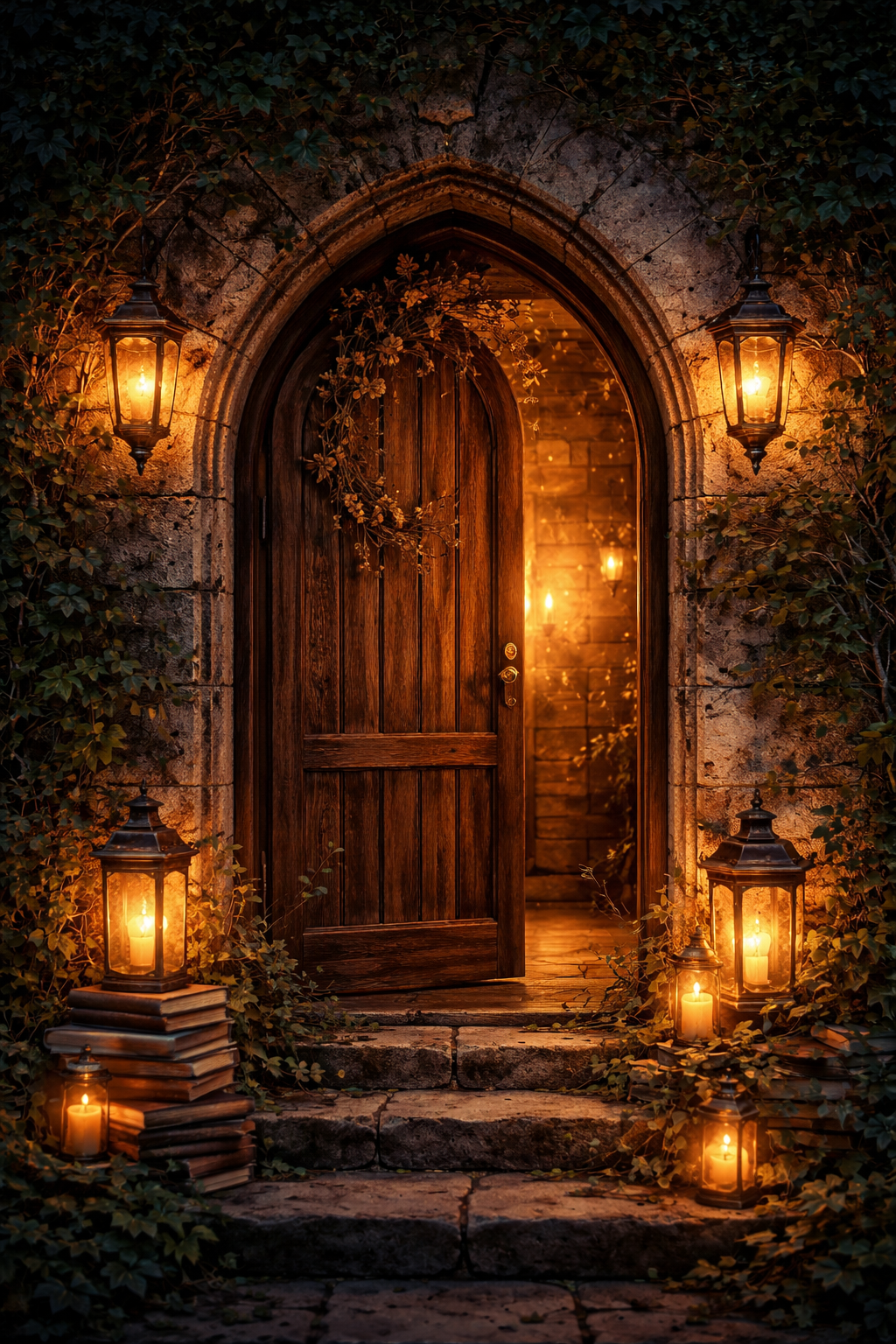 A wooden arched door surrounded by ivy with lanterns and candles illuminating the scene, giving it a warm, mystical appearance.