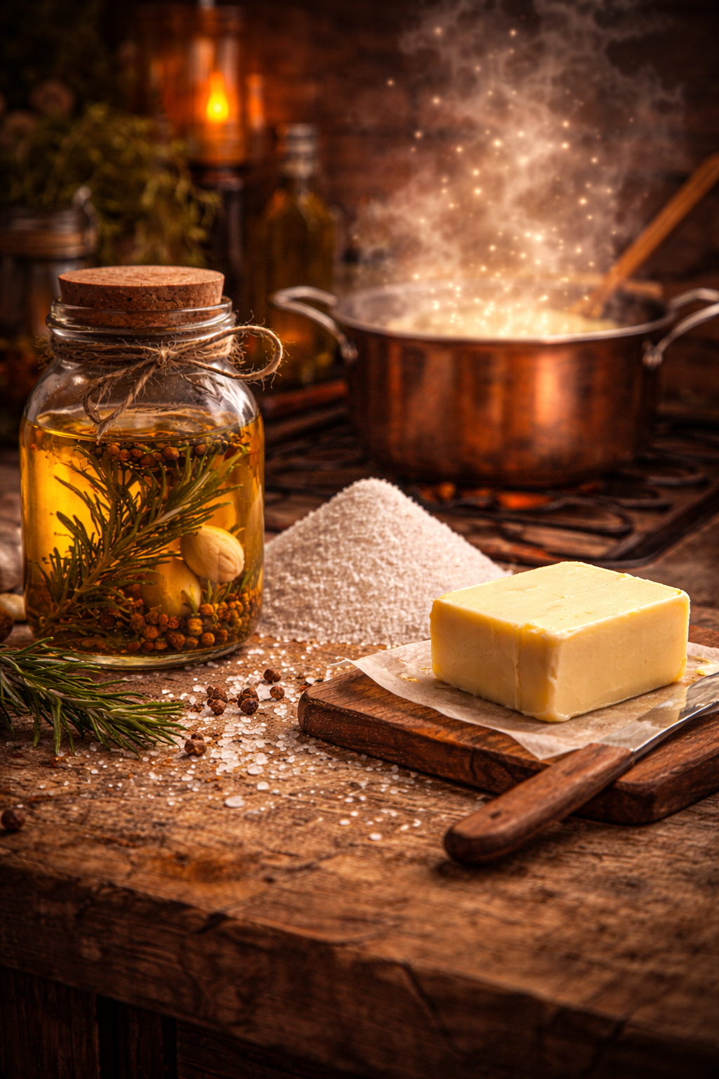 A block of butter on a wooden cutting board with a butter knife, a jar of infused oil with herbs and garlic, a pile of coarse salt and peppercorns, and a steaming pot in the background. A sprig of rosemary is also visible.