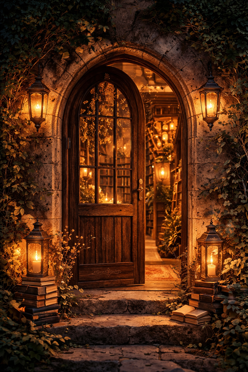 A warmly lit arched wooden door opens into a cozy library filled with books and glowing fairy lights, flanked by lanterns and surrounded by ivy.