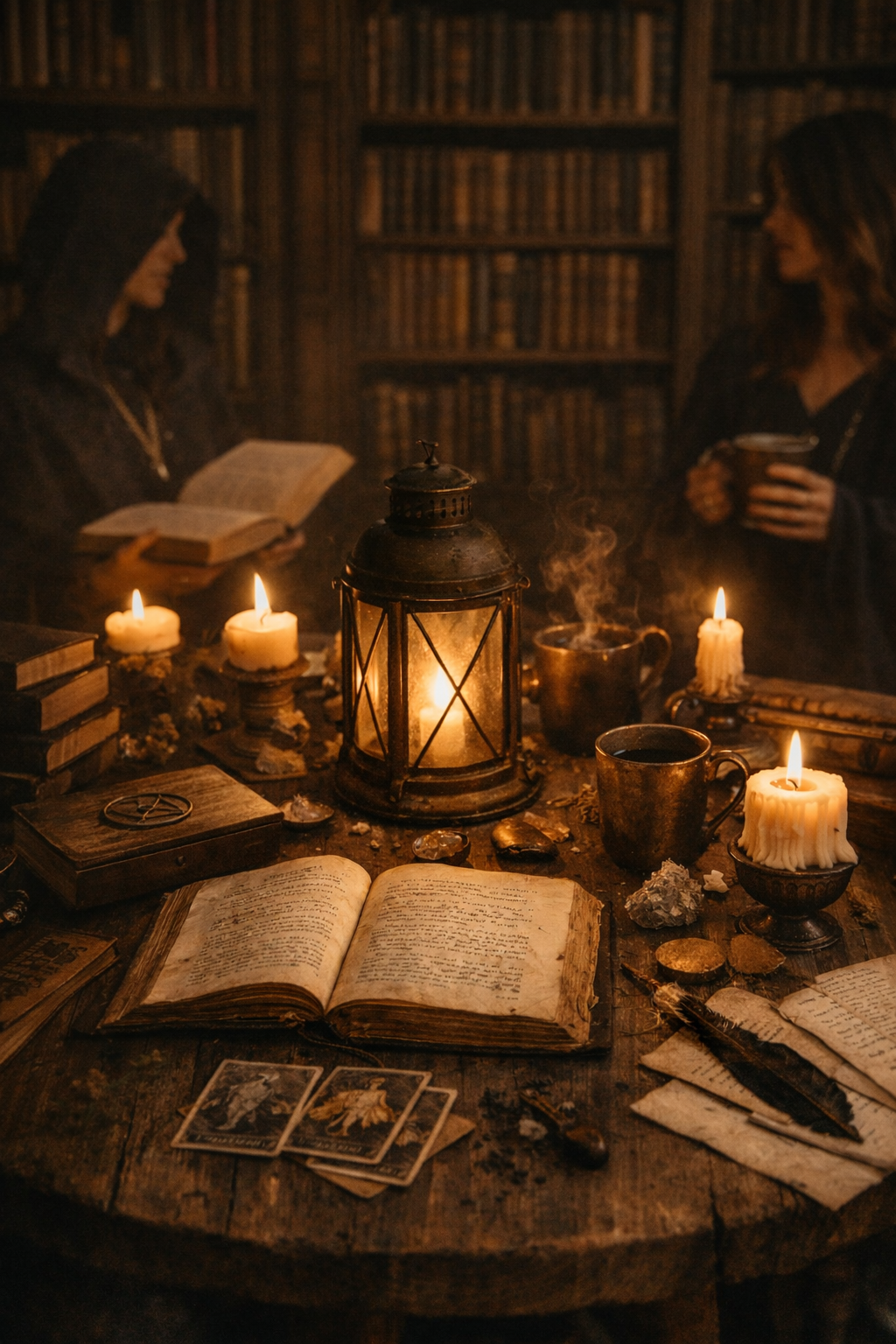Two women sit in a dimly lit library surrounded by candles, books, and mystical objects on a wooden table, engaging in a spiritual or magical ritual.