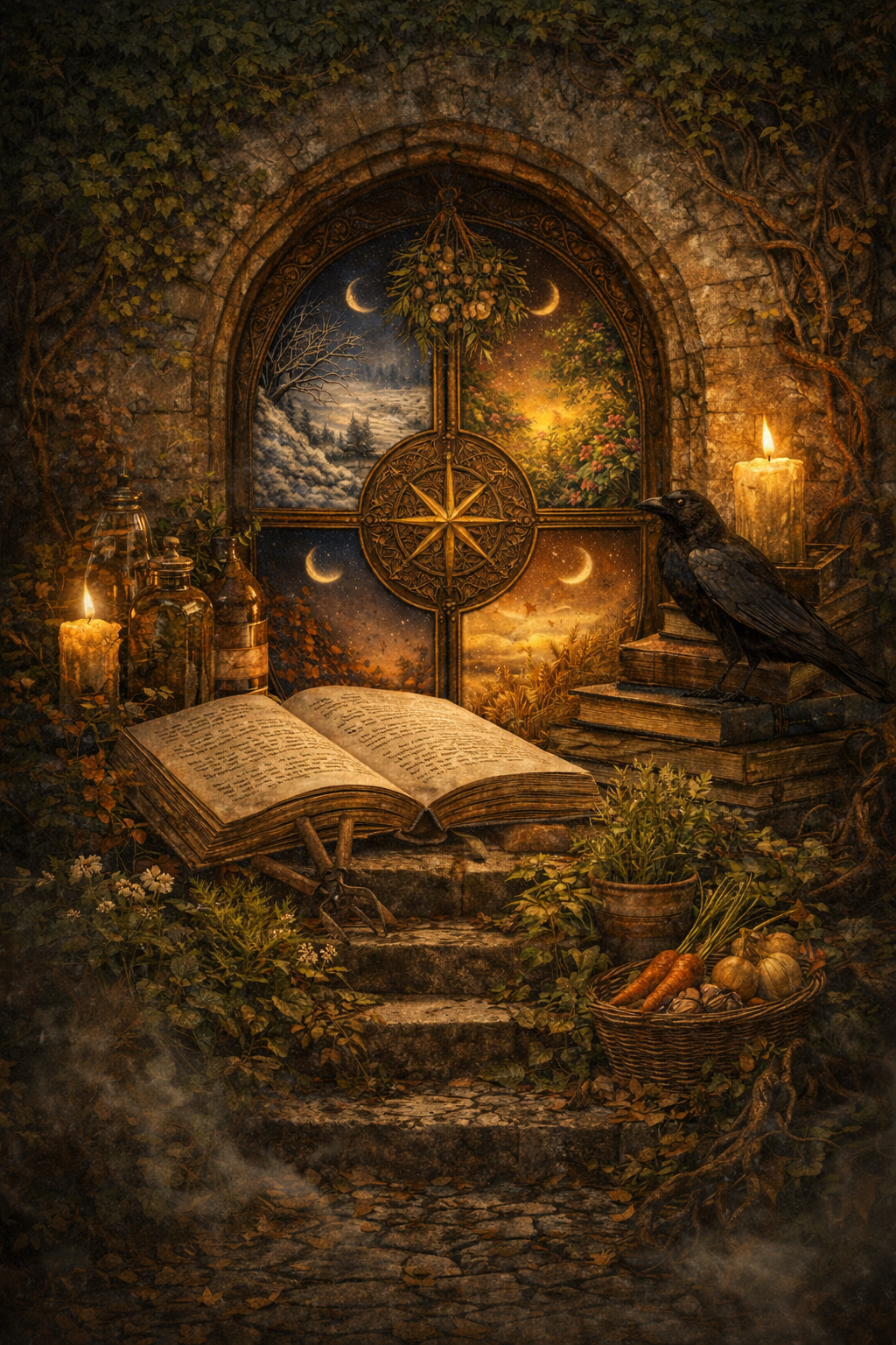 A mystical scene featuring an open ancient book on stone steps surrounded by candles, jars, a raven, baskets of vegetables, and greenery. A stained-glass window with moonlit landscapes, moons, and a compass design is in the background, under ivy and vines.