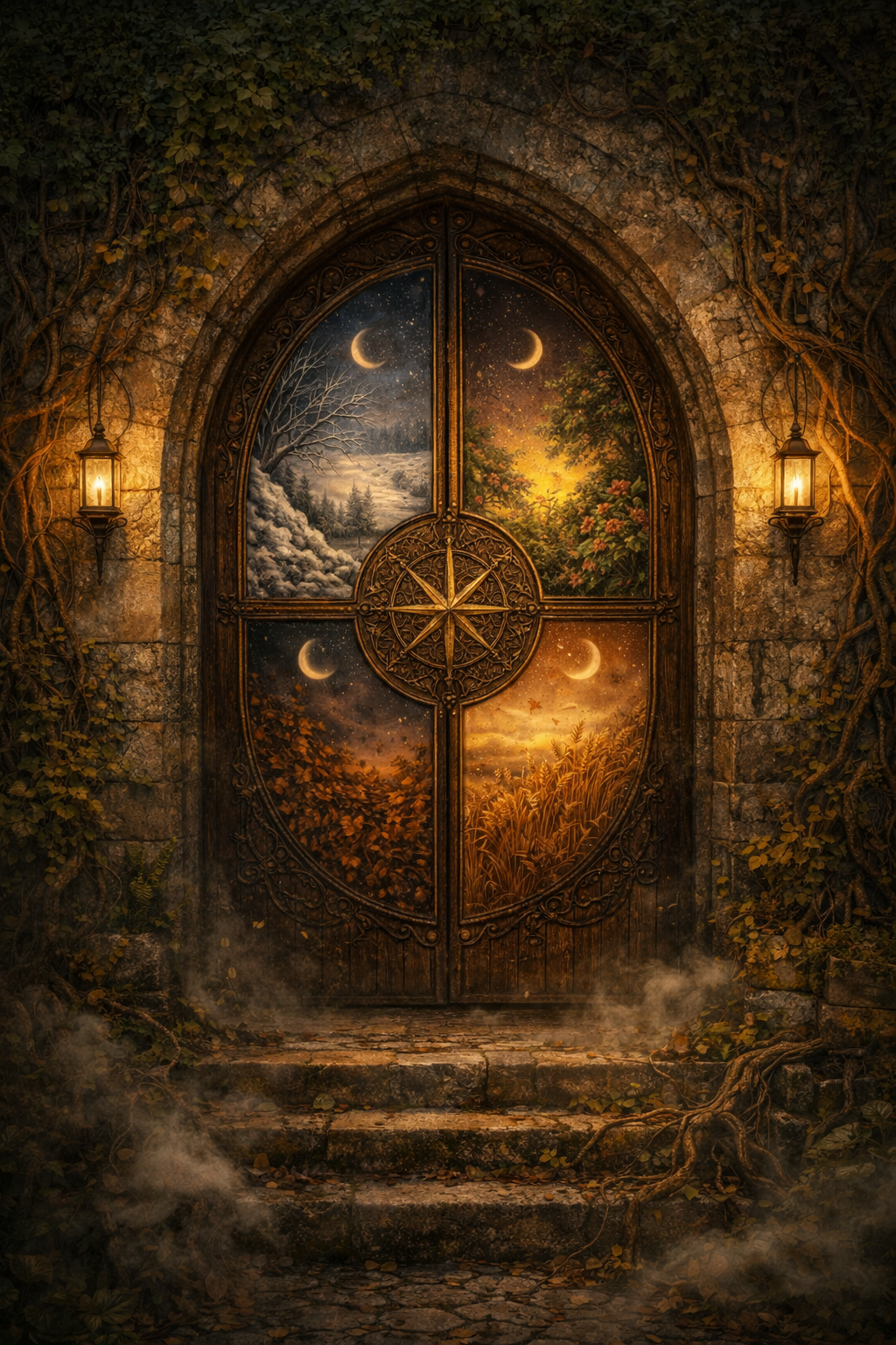 A mystical stone doorway with intricate metal framing and four painted panels depicting different scenes of nature and sky, illuminated by two lanterns, surrounded by creeping vines and fog, with stone steps leading up to it.