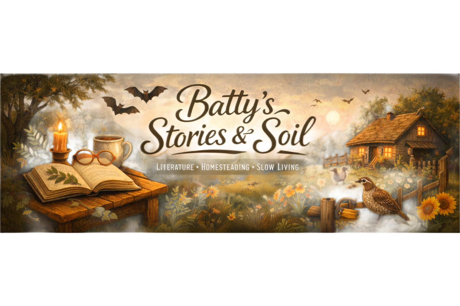 A nature scene at sunset with a cozy house, chickens, and trees, promoting a book titled "Batty's Stories & Soil" with themes of literature, homesteading, and slow living.