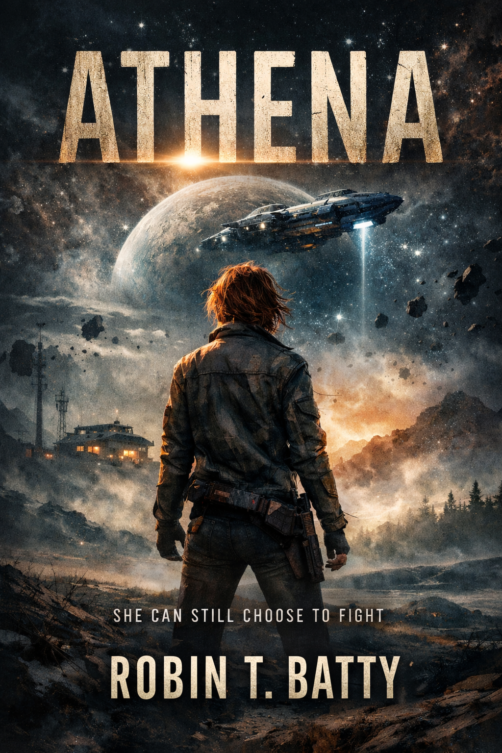A science fiction book cover titled 'Athena' featuring a woman in a military jacket holding a gun, standing on a rugged landscape with a spaceship, planets, and stars in the background, with subtitle 'She can still choose to fight' and author Robin T. Batty.