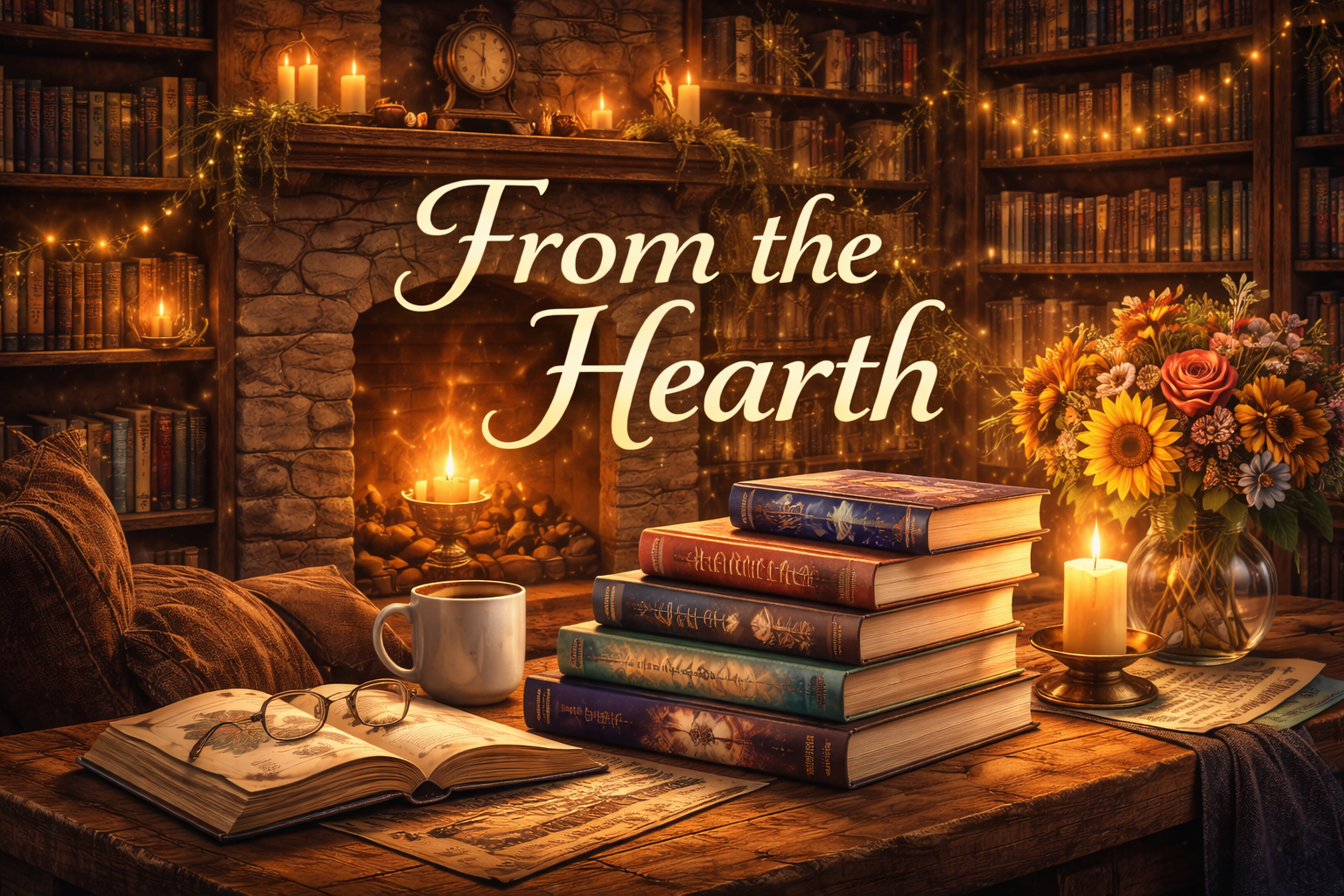 Cozy library room with a brick fireplace, lit candles, stacked books, open book with glasses, mug, and a vase of flowers, with the text 'From the Hearth' in the center.