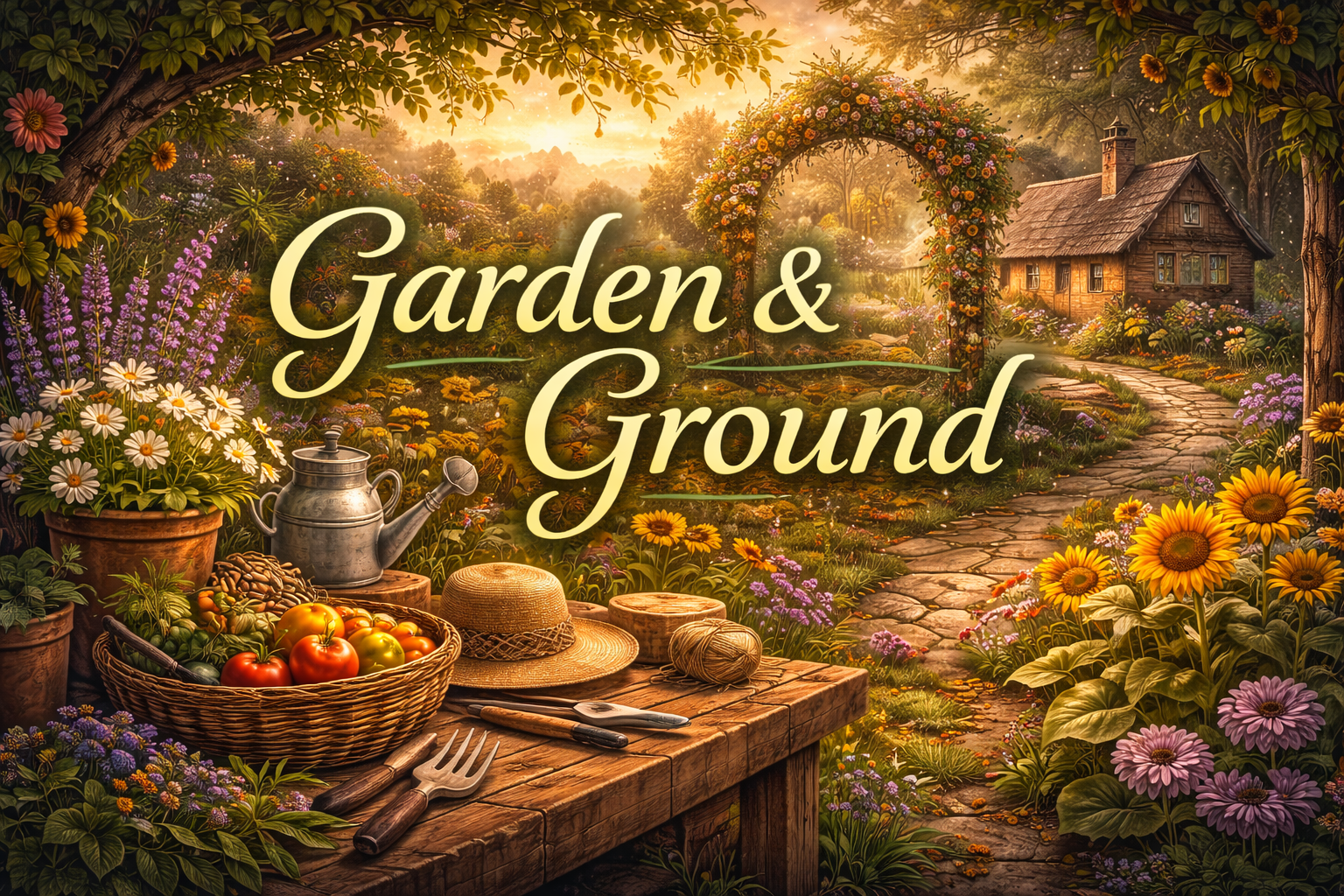 A picturesque garden scene at sunset with a stone pathway leading to a cozy cottage surrounded by colorful flowers and greenery, with gardening tools and fresh tomatoes on a wooden table in the foreground.