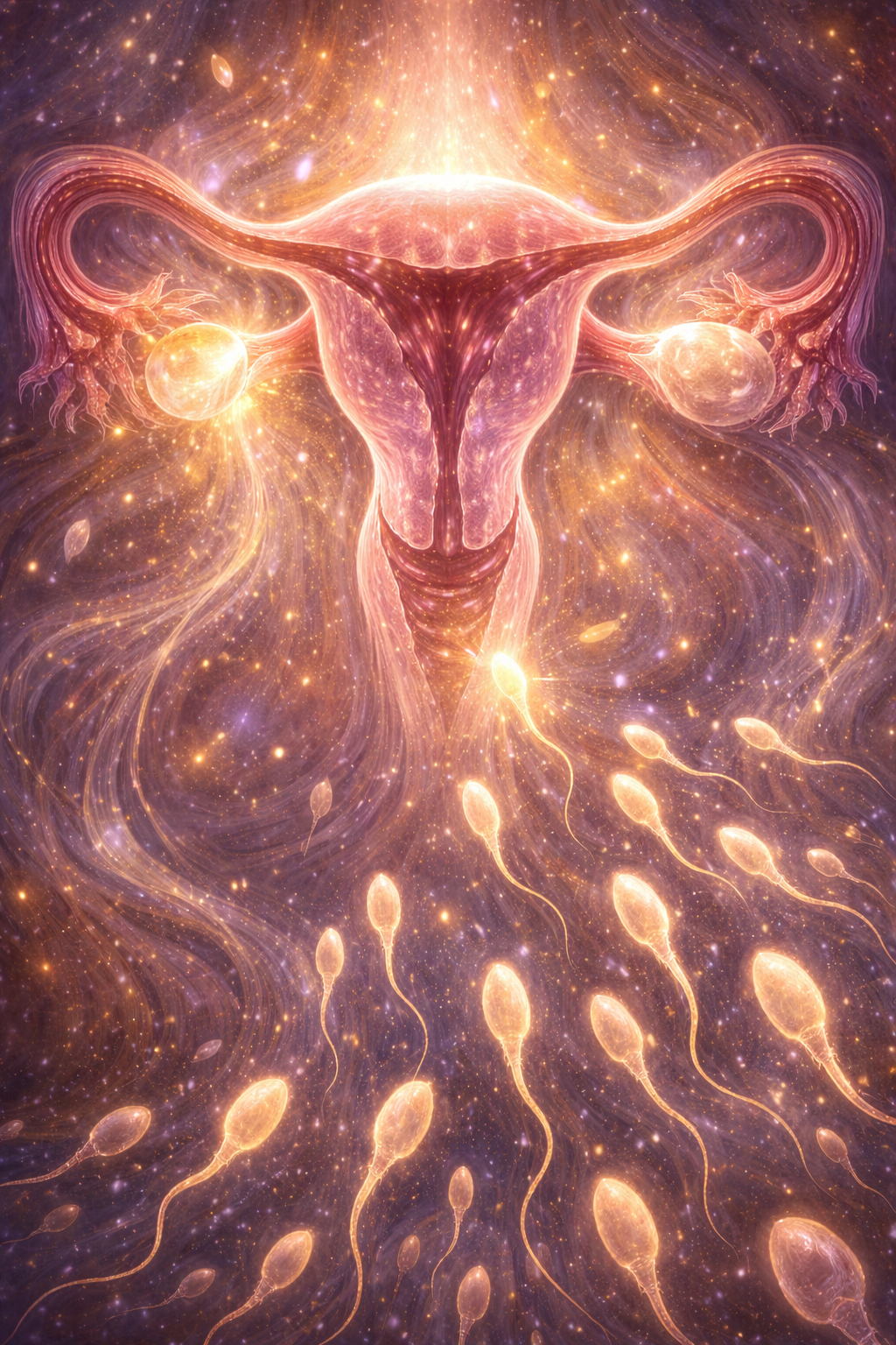 A digital artwork of a female reproductive system with a cosmic background, featuring sperm cells swimming towards it.