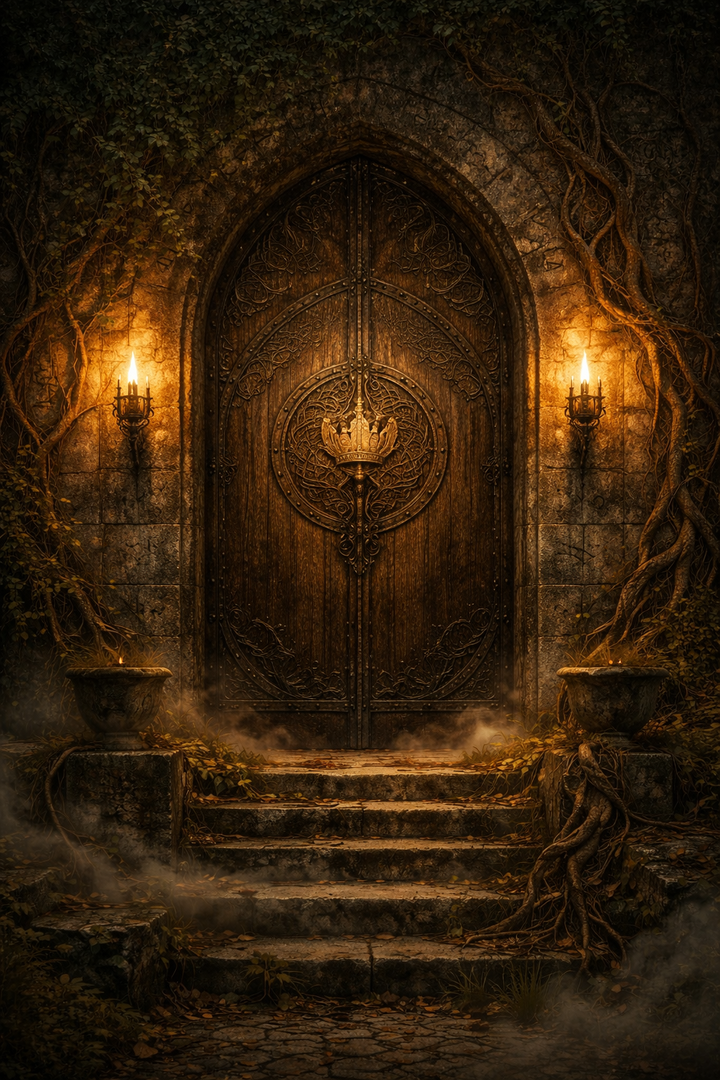 An ancient, ornate wooden door set in a stone wall, surrounded by twisting vines and illuminated by two torches, with steps leading up to the entrance, giving a mysterious, enchanted atmosphere.