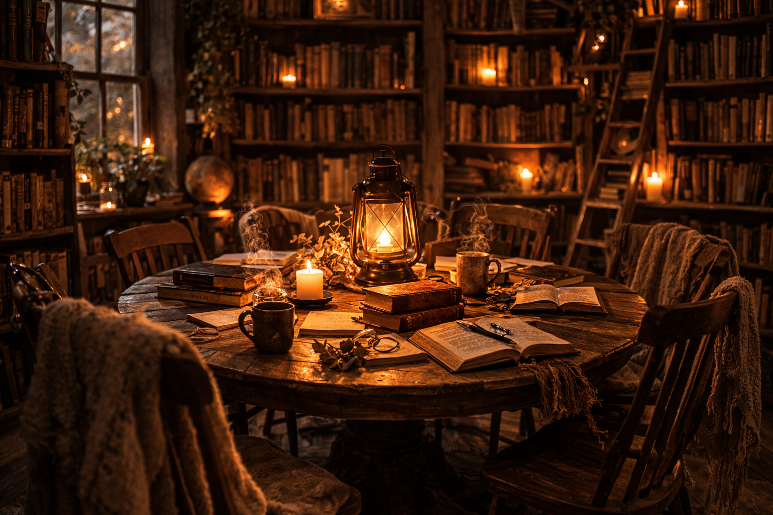 A cozy, rustic library or study room filled with bookshelves, warm candlelight, and an old-fashioned lantern on a large wooden table. The table is surrounded by chairs, some with knitted blankets, and is covered with open books, notebooks, pens, mugs, and decorative foliage. The room has a warm glow from candles and small lights, creating an inviting and intimate atmosphere.