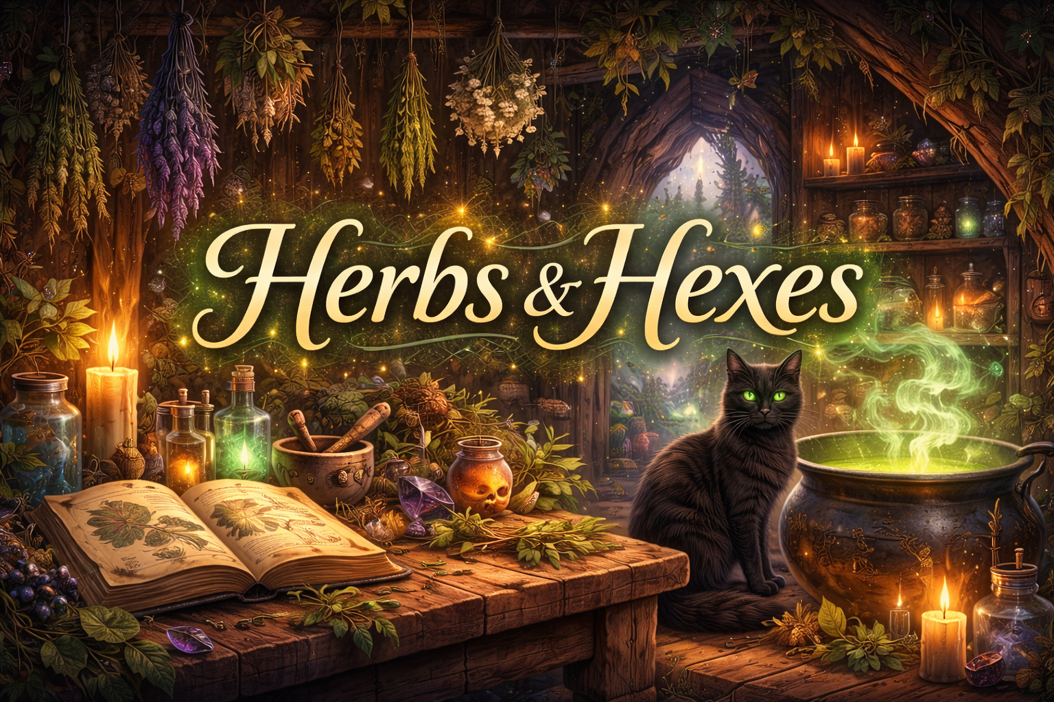 A mystical scene with herbs and hexes, featuring hanging herbs, glowing candles, an open herbal book, potion bottles, a black cat with green eyes sitting near a bubbling cauldron emitting green steam, and a background of a forest visible through a window.