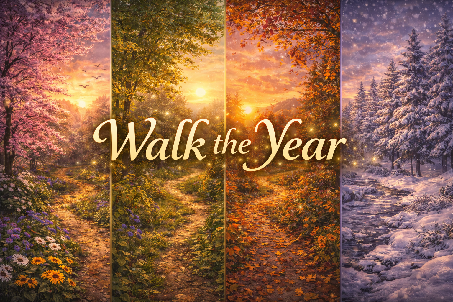 Four seasons landscape collage with spring, summer, autumn, and winter scenes, and the text 'Walk the Year' in the center.
