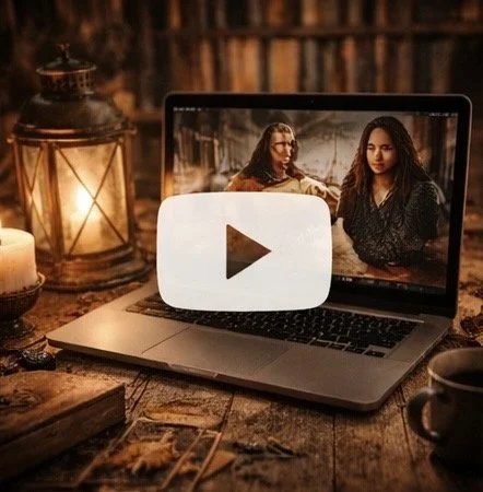 Laptop on rustic wooden table displaying a video with two women, surrounded by candles and lanterns in a cozy setting.