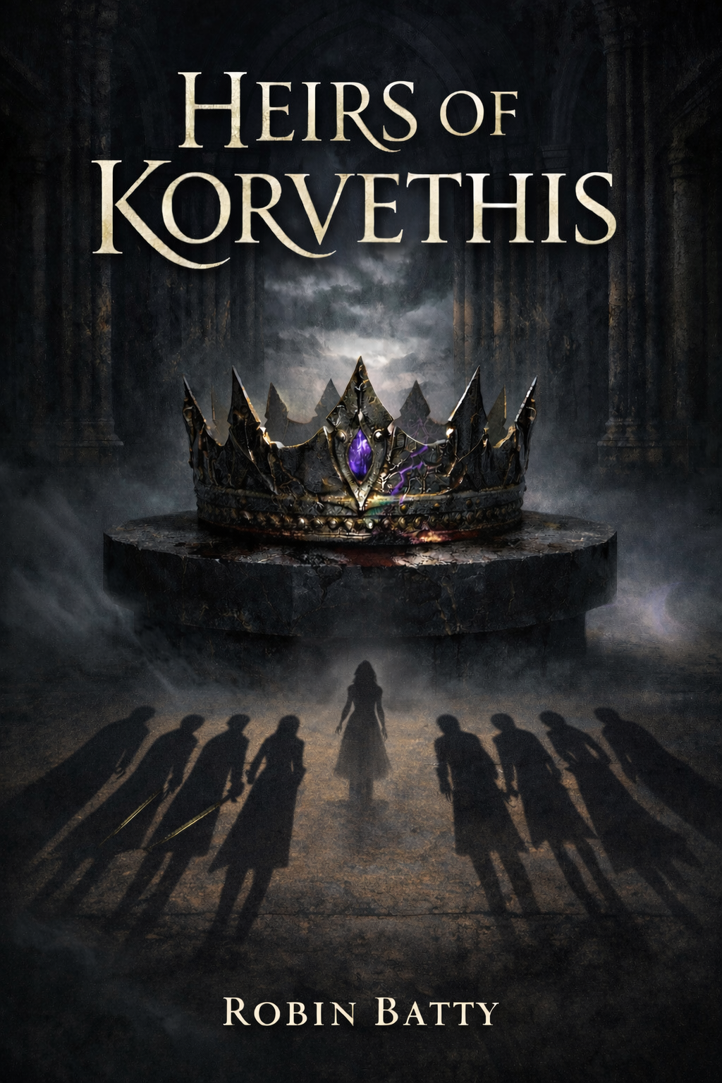 Book cover for "Heirs of Korvethis" by Robin Batty, featuring a dark, ominous background with a large, ornate crown with purple gemstones resting on a pedestal, shadows of a group of people, and a lone figure in the foreground.