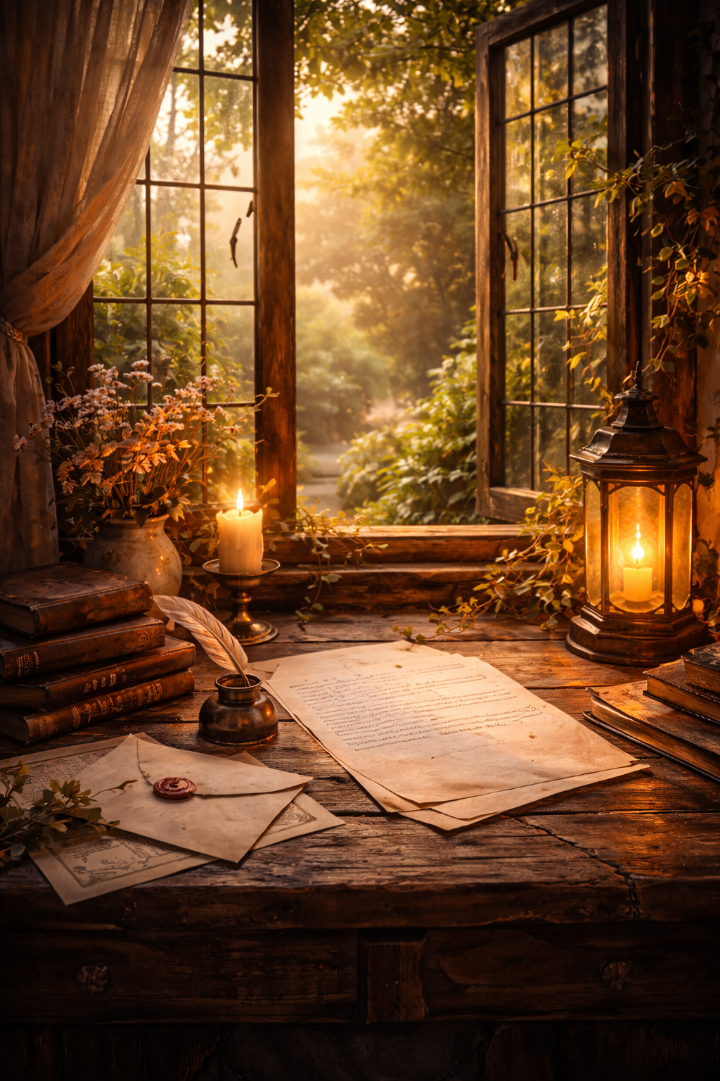 A cozy, rustic wooden desk near a window with an outdoor view, illuminated by candles, with books, papers, a quill, and greenery.