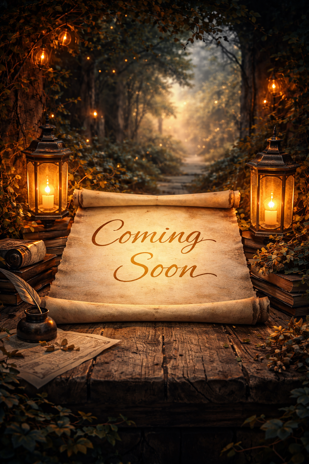 A mystical outdoor scene with warm lantern light, surrounded by trees and foliage. There is a scroll with the words 'Coming Soon' in the center, and old books, a quill, and a candle nearby.
