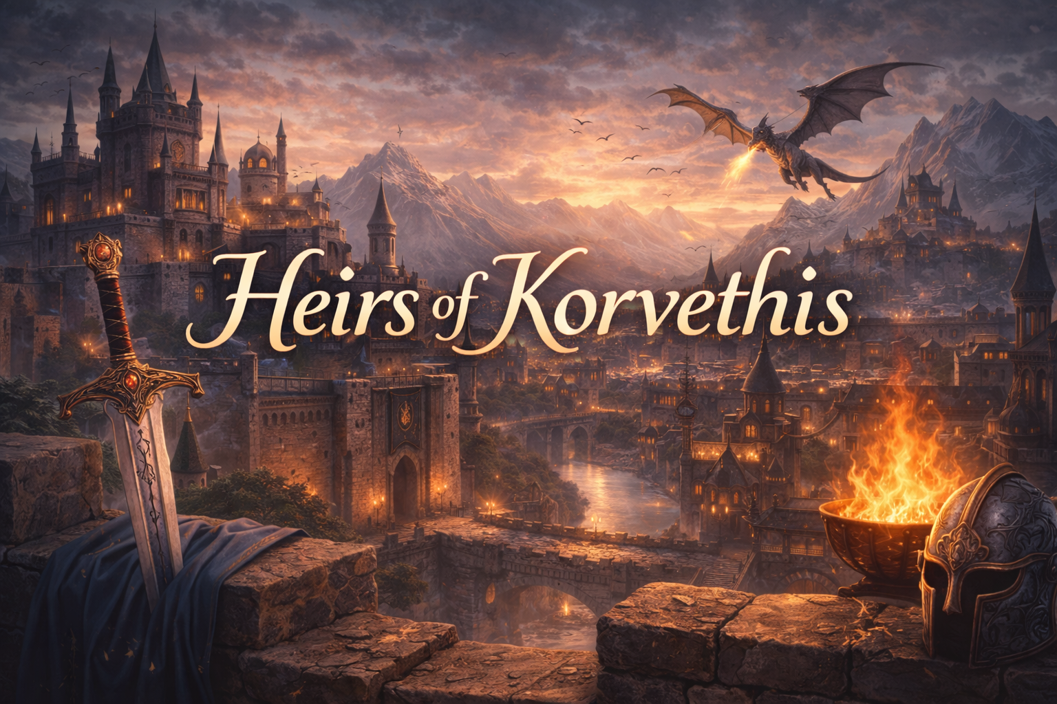 A fantasy medieval cityscape with towering castles, mountains, a river, and a dragon flying at sunset. Foreground includes a sword stuck in the ground and a helmet next to a burning brazier. The text reads "Heirs of Korvethis."