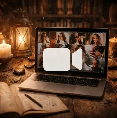 A laptop on a wooden table displaying a video call with multiple women. The table has candles, a notebook, and a pen, with a bookshelf in the background.