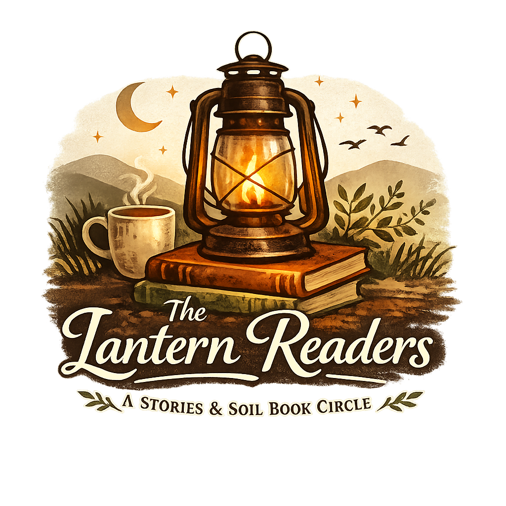 Illustration of a lantern placed on top of two books in an outdoor setting, with a mug, mountains, crescent moon, stars, birds, and plants in the background, promoting 'The Lantern Readers: A Stories & Soil Book Circle'.