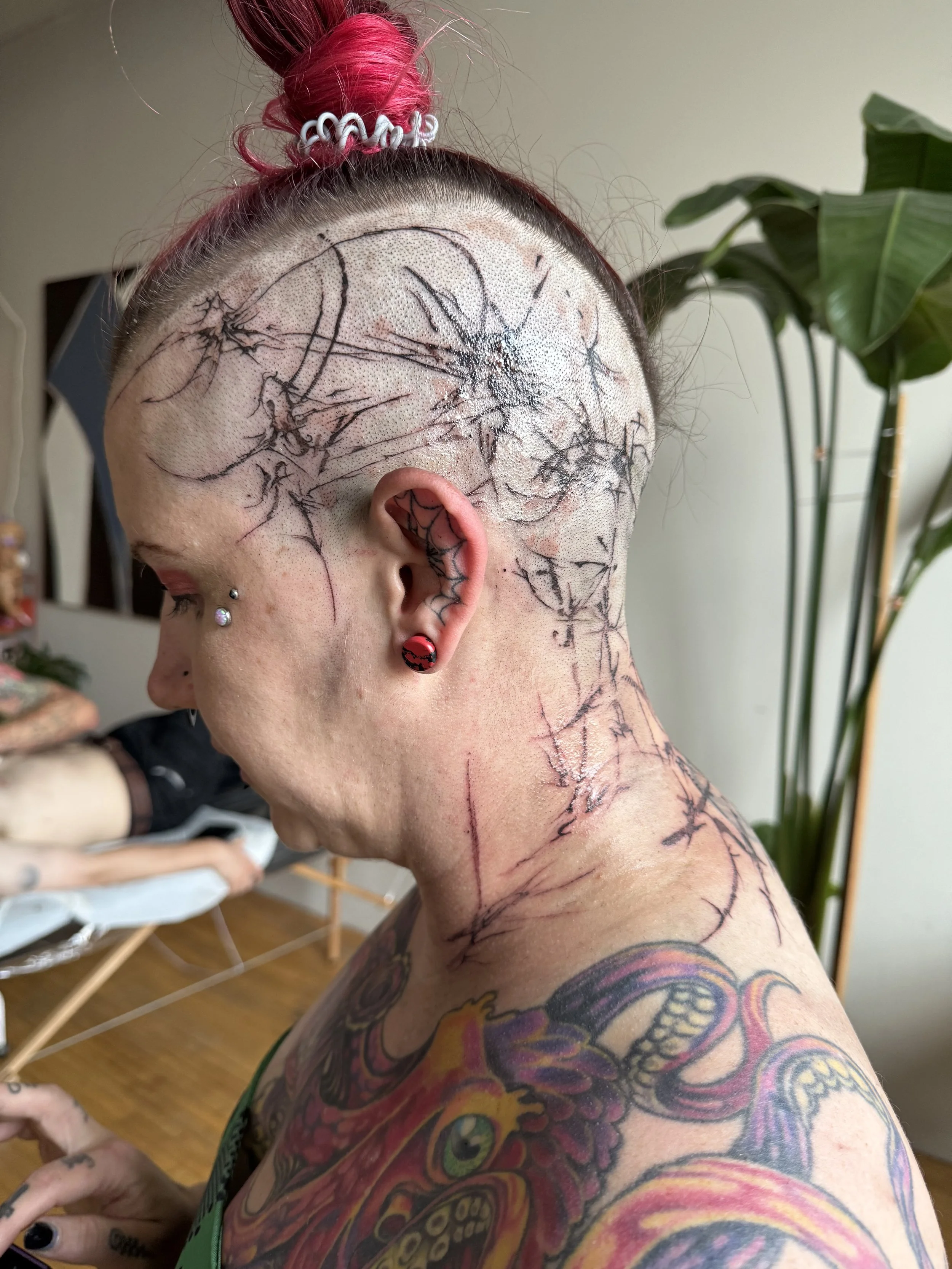 A person with a shaved head, pink hair tied in a bun, and facial piercings. They have intricate black tattoo lines on their face, neck, and shoulder, with a large color tattoo of a dragon on their shoulder.