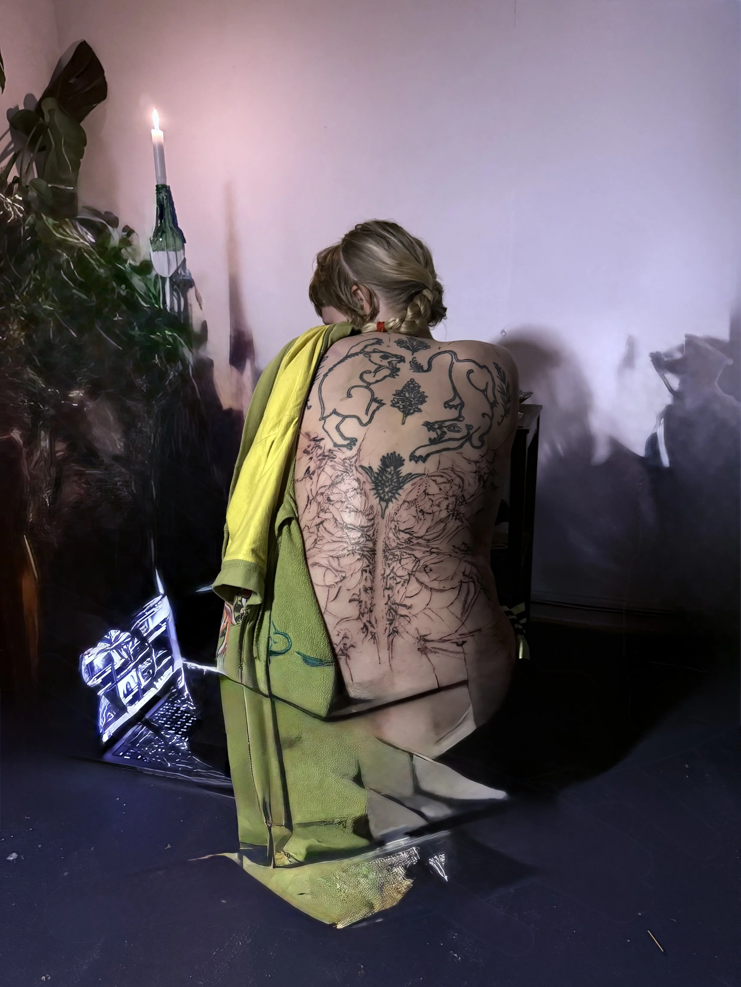 A person with intricate tattoos on their back is sitting on the floor with their arms resting on a surface. They have short, light-colored hair and are draped in a yellow-green towel. Beside them, a lit candle is placed on a tall, dark green bottle, 