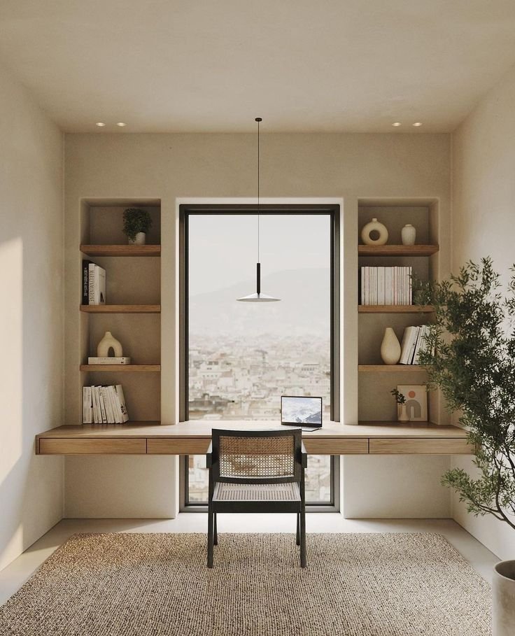 Minimalist home office with a wooden desk, black chair, and built-in shelves filled with books and decor items, large window with city view, pendant light, and indoor plant.