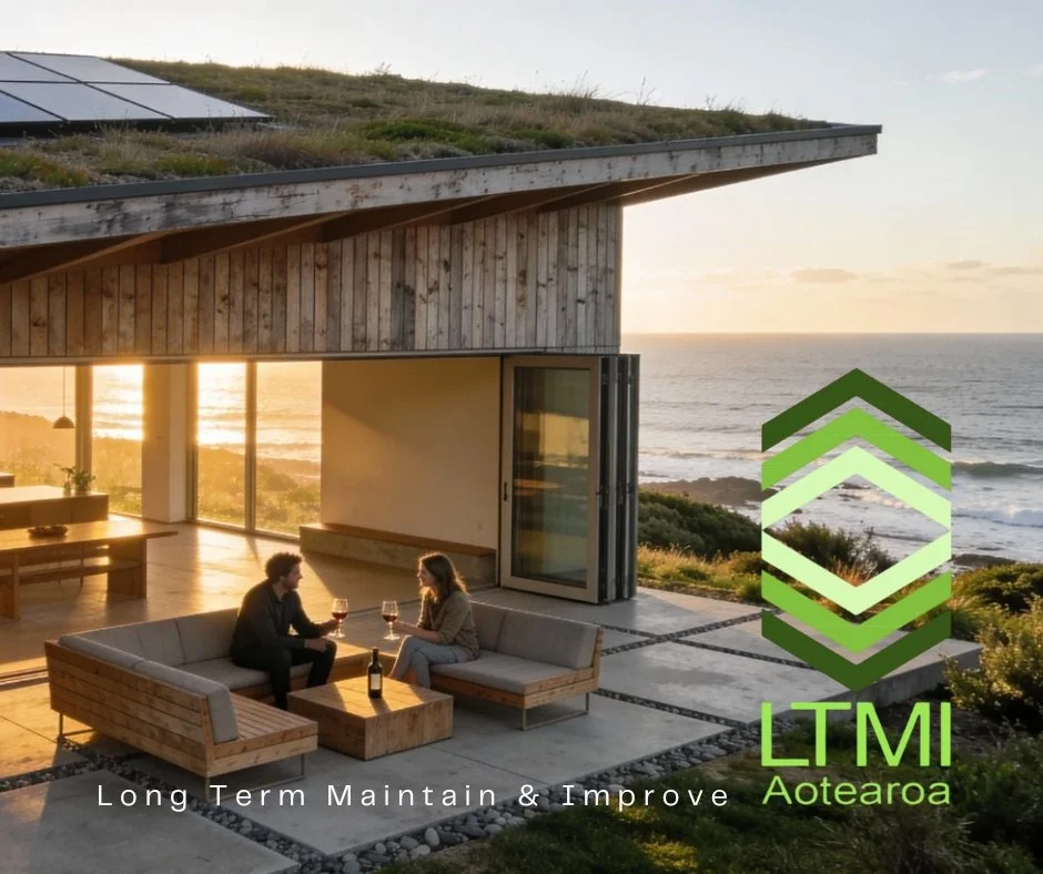 A couple sitting on outdoor couches, drinking wine, with a scenic view of the ocean during sunset, next to a modern house with wooden and glass elements, and a logo for LTMI Aotearoa in the bottom right corner.