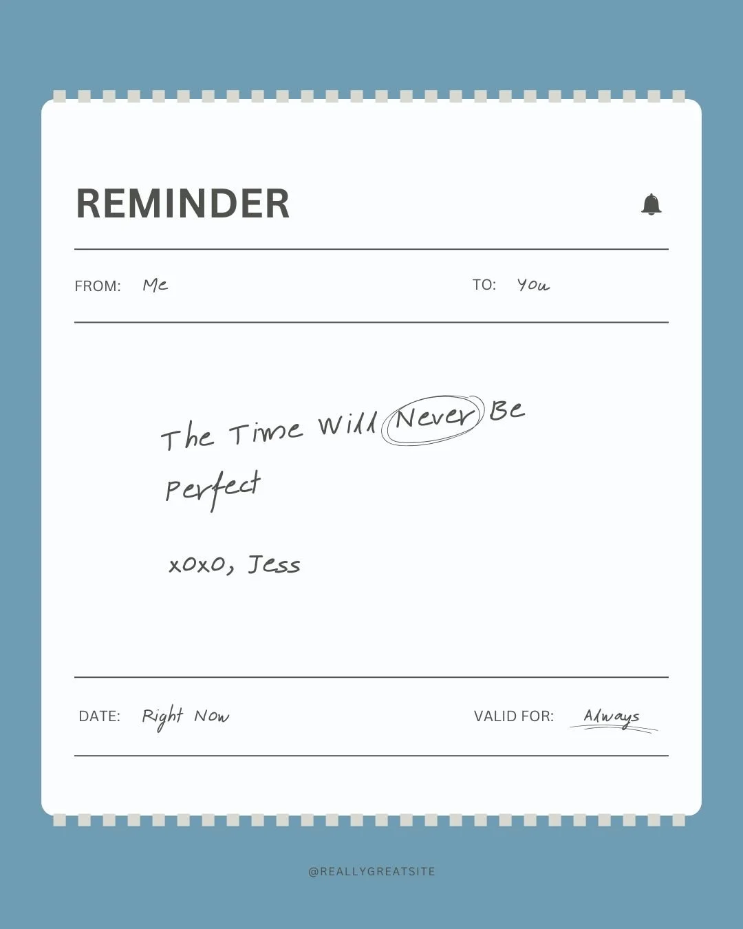 Real talk: Are you waiting for the perfect time?
Spoiler alert&hellip; it might never come. 💛

One of my core values in business is courage; to me, that means taking action even when you&rsquo;re afraid.

It&rsquo;s what got me started. And it&rsquo
