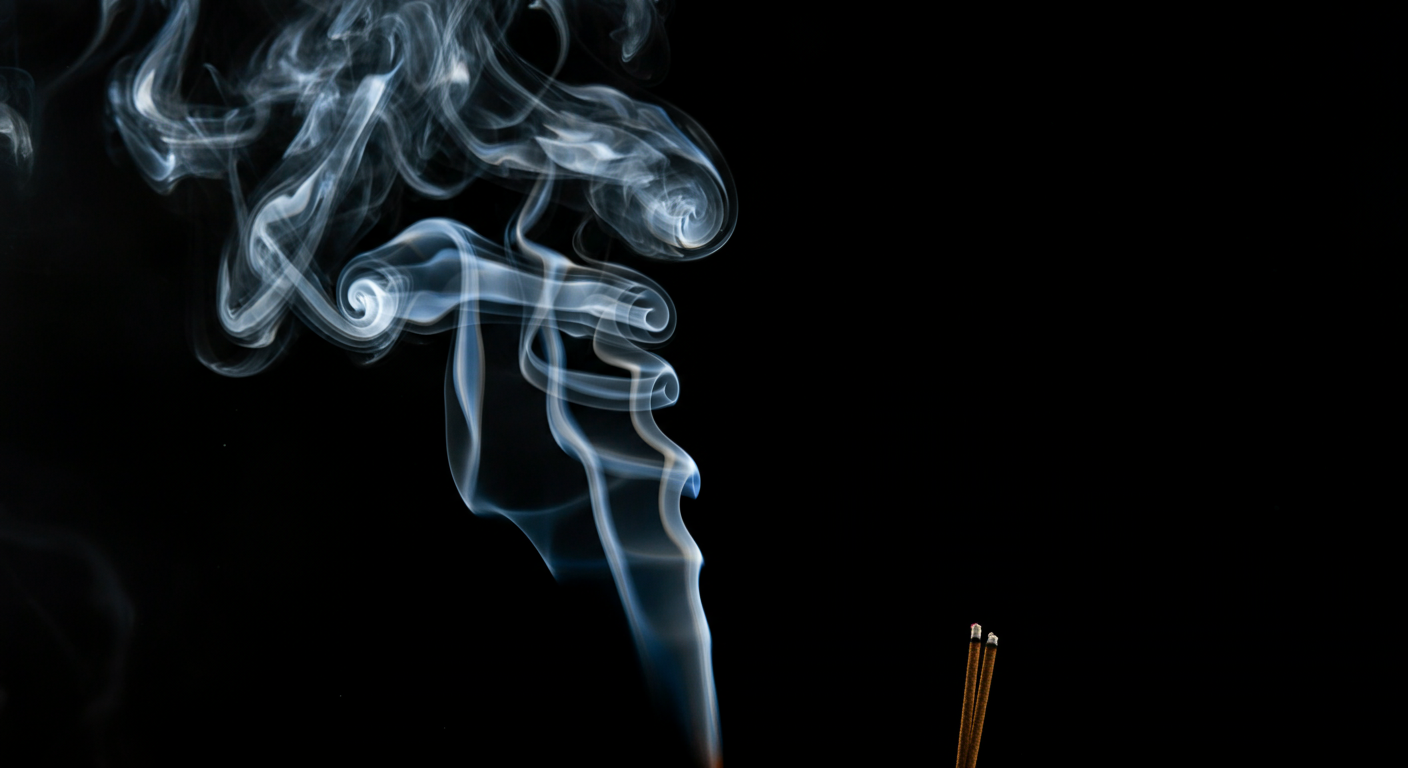 Two incense sticks burning in front of a black background in a wellness business with white smoke swirling around above it.