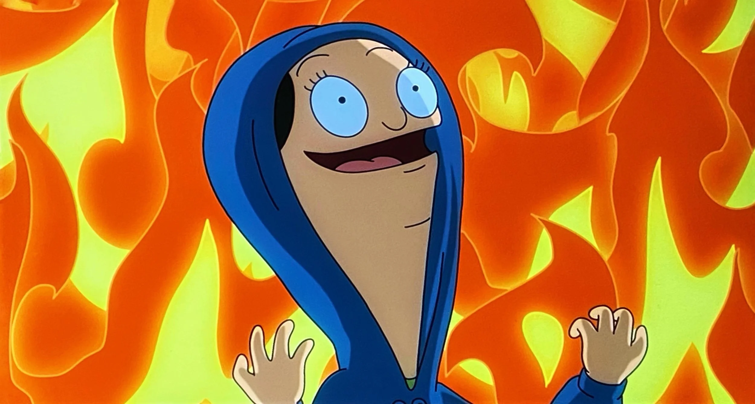 Cartoon image of child laughing in front of flames