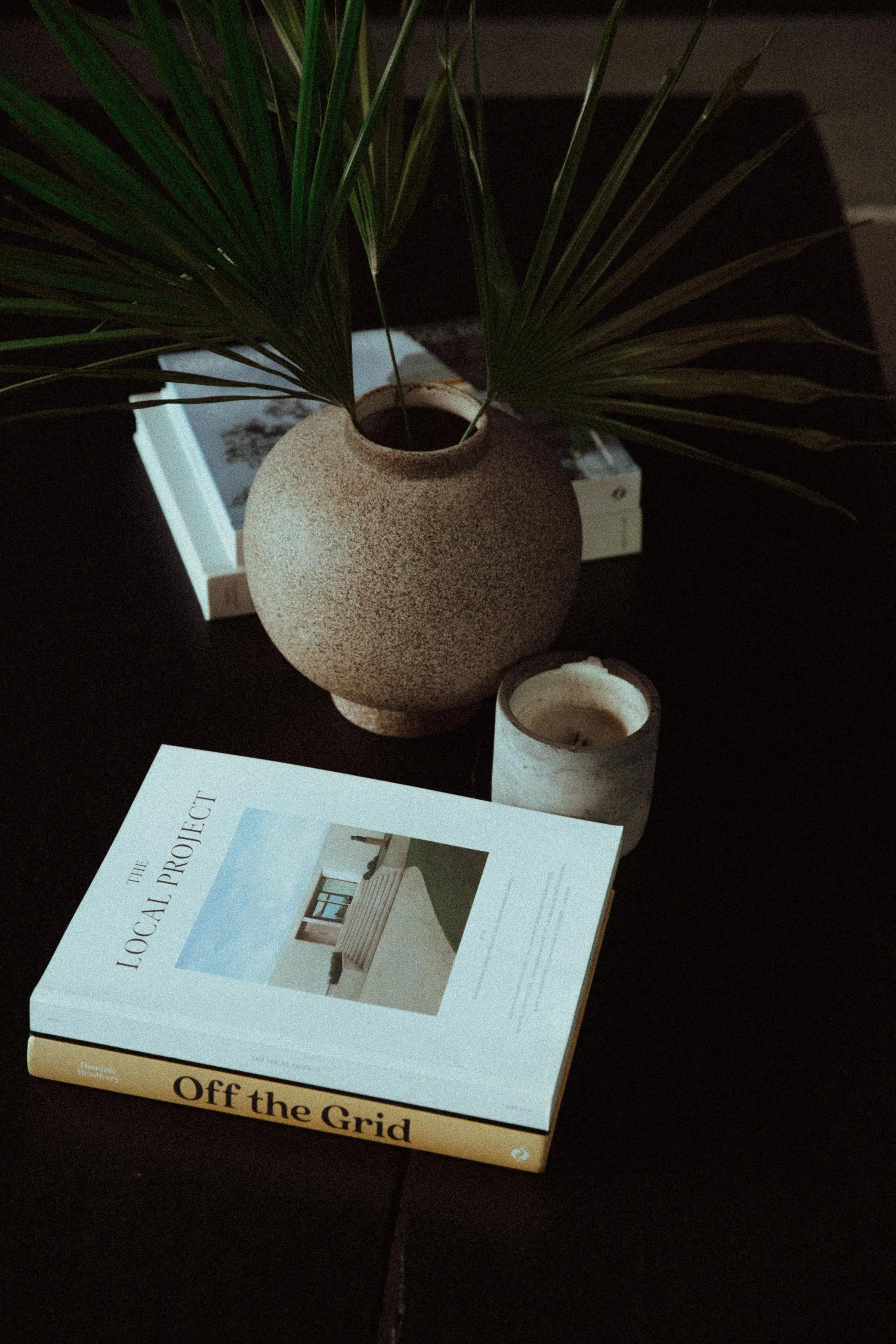 Black coffee table with stacks of white books, clay candle holder, and round vase with palm fronds, representing wellness content for a therapist with virtual assistant support for digital product launches, content marketing, SEO, and admin