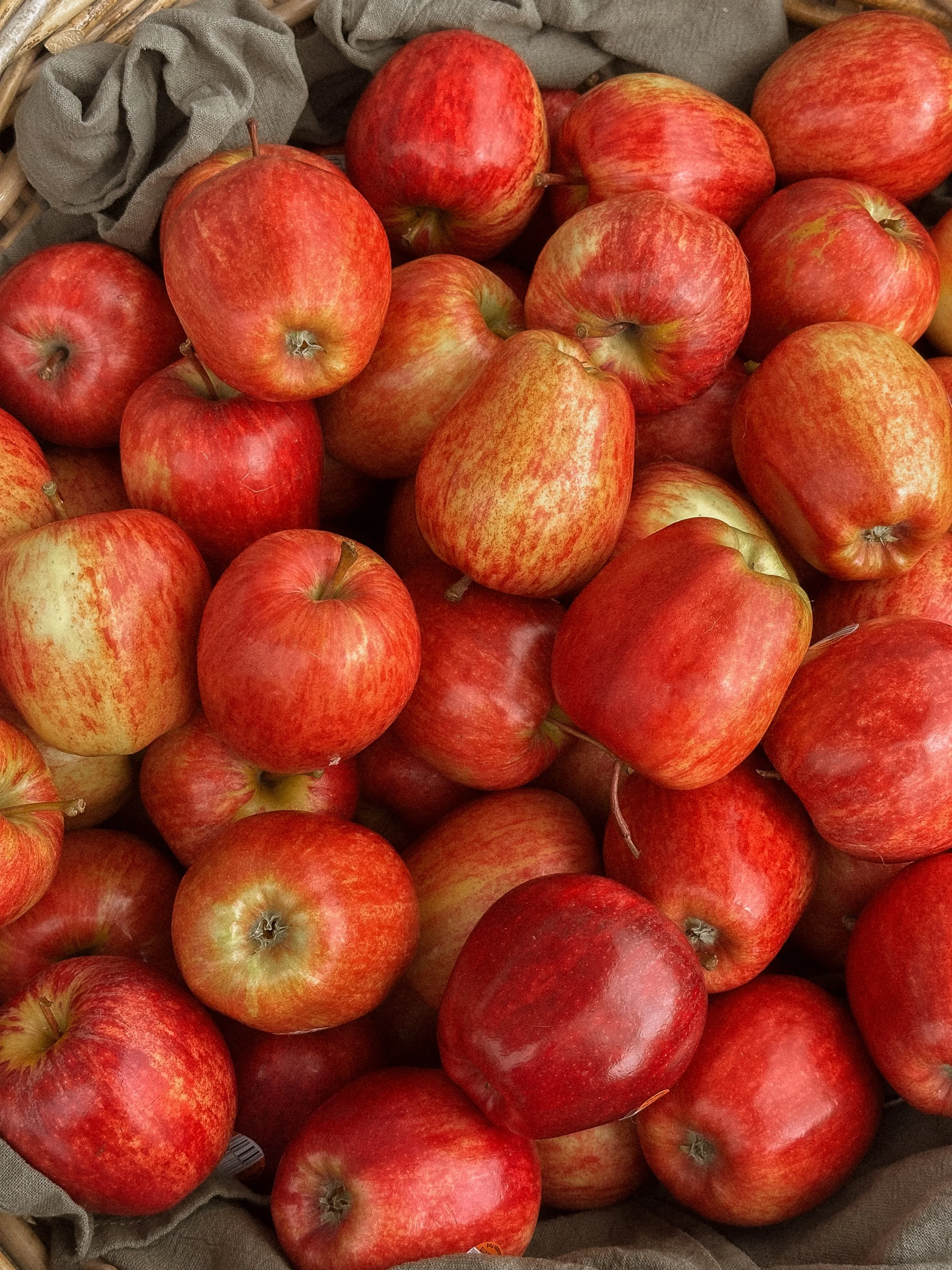 Fresh red apples stored in a grey linen bag, illustrating healthy lifestyle content for nutritionists using virtual assistants for content creation and product launches.
