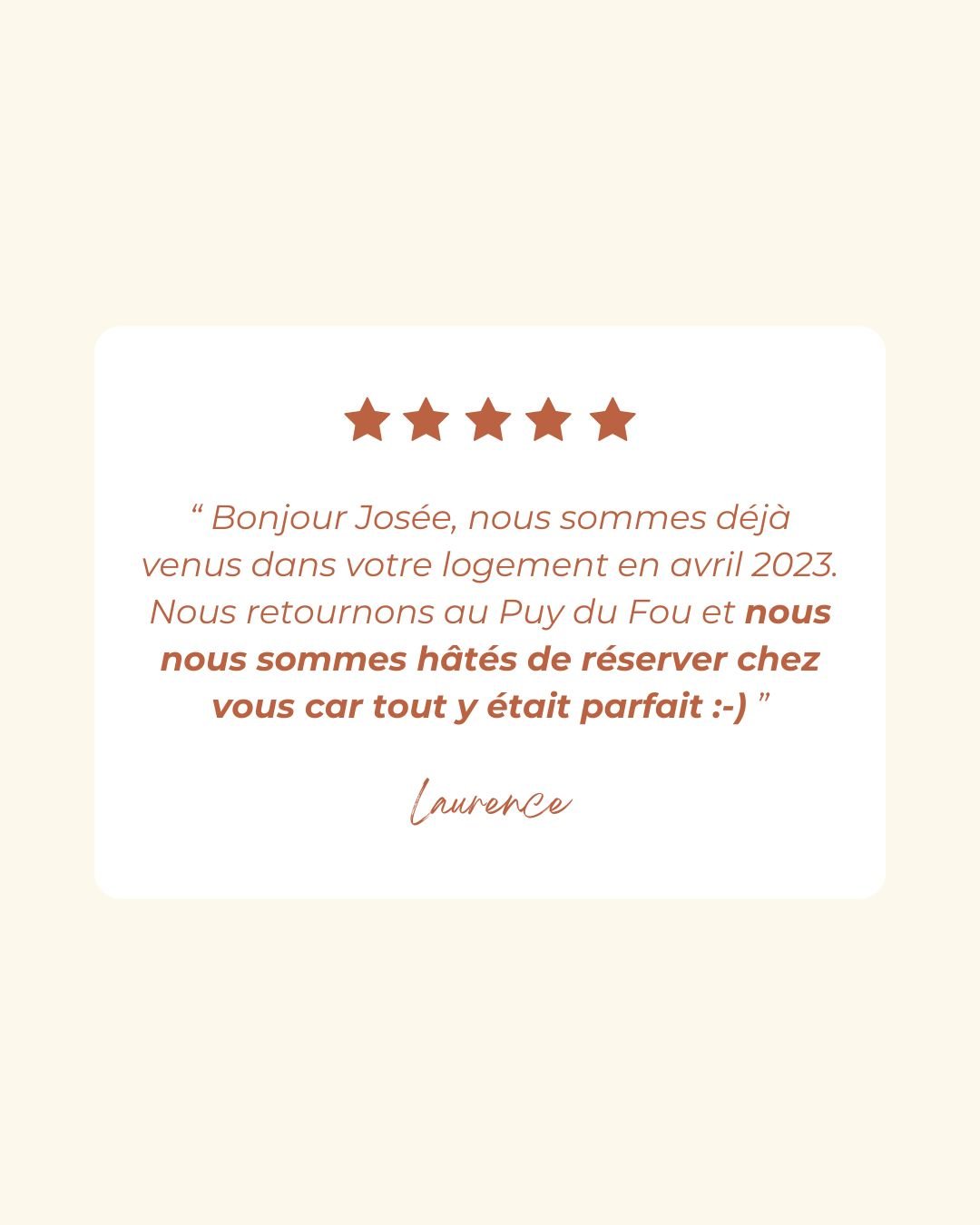 Quand on s&rsquo;y sent bien, on y revient ! ✨

Nous sommes ravis d&rsquo;accueillir &agrave; nouveau cette charmante locataire qui avait trouv&eacute; notre g&icirc;te parfait pour son s&eacute;jour au Puy du Fou l'ann&eacute;e derni&egrave;re ! 🏡
