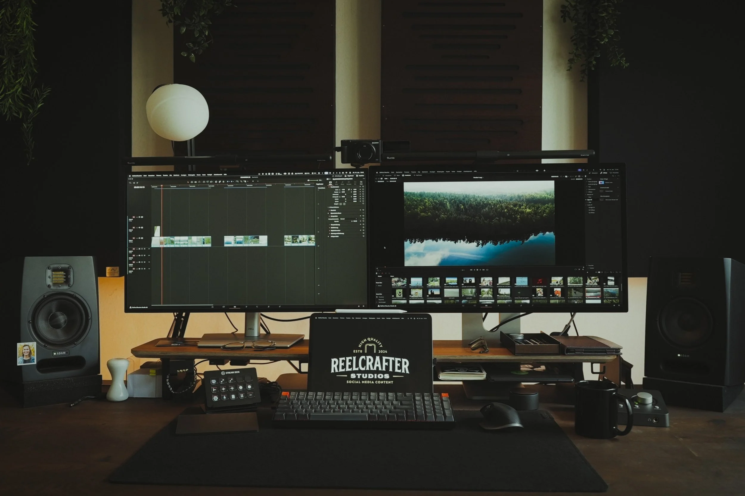 Der Reelcrafter-Arbeitsplatz mit zwei großen Monitoren, Akustik-Paneelen, Studiomonitoren und allem, was man zur professionellen Postproduktion benötigt.