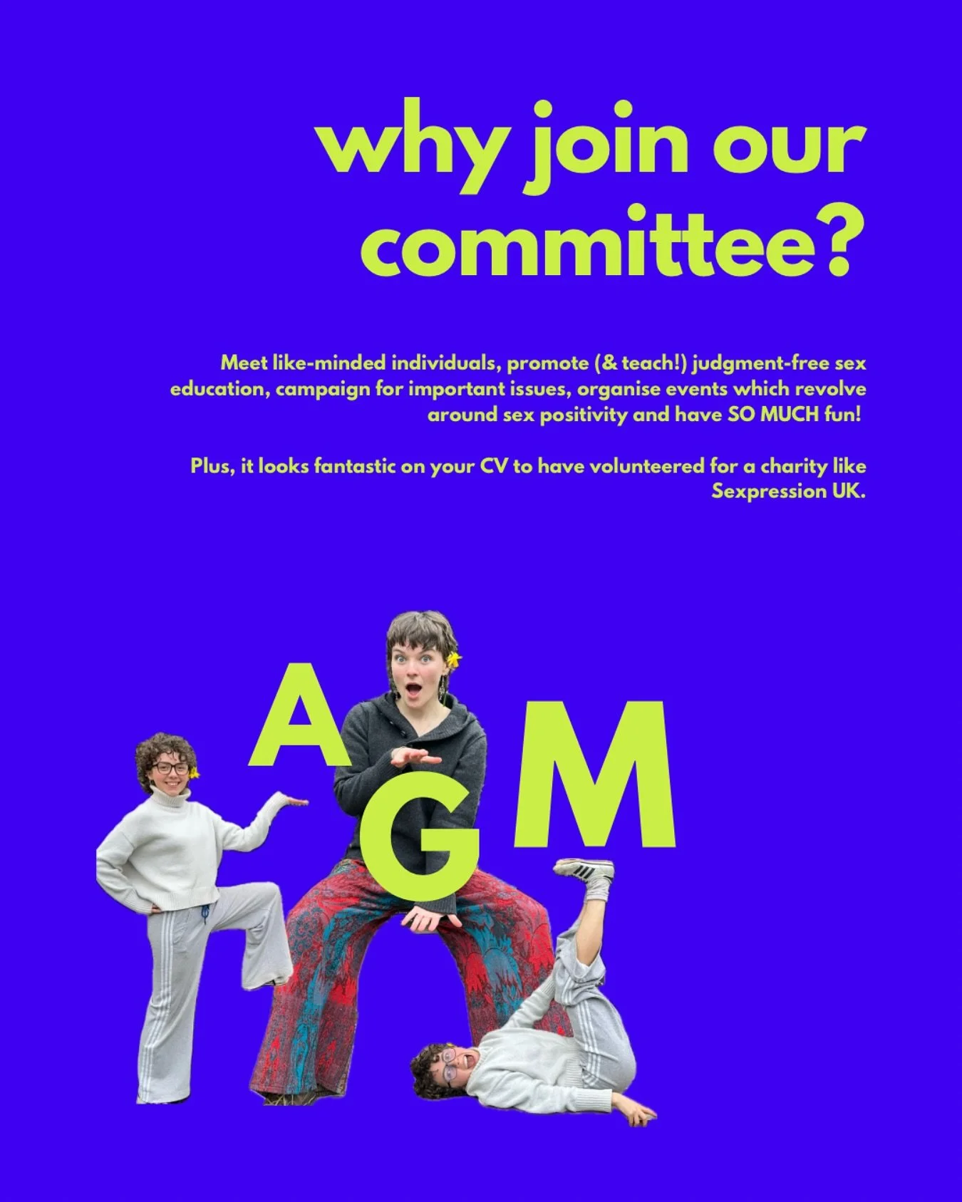 We want YOU!!!! 🌟🌟🌟🌟

Being a part of the Sexpression committee is a wonderful opportunity to meet like-minded individuals, to promote (and teach!) judgement-free sex education, campaign for important issues and to organize fantastic events which