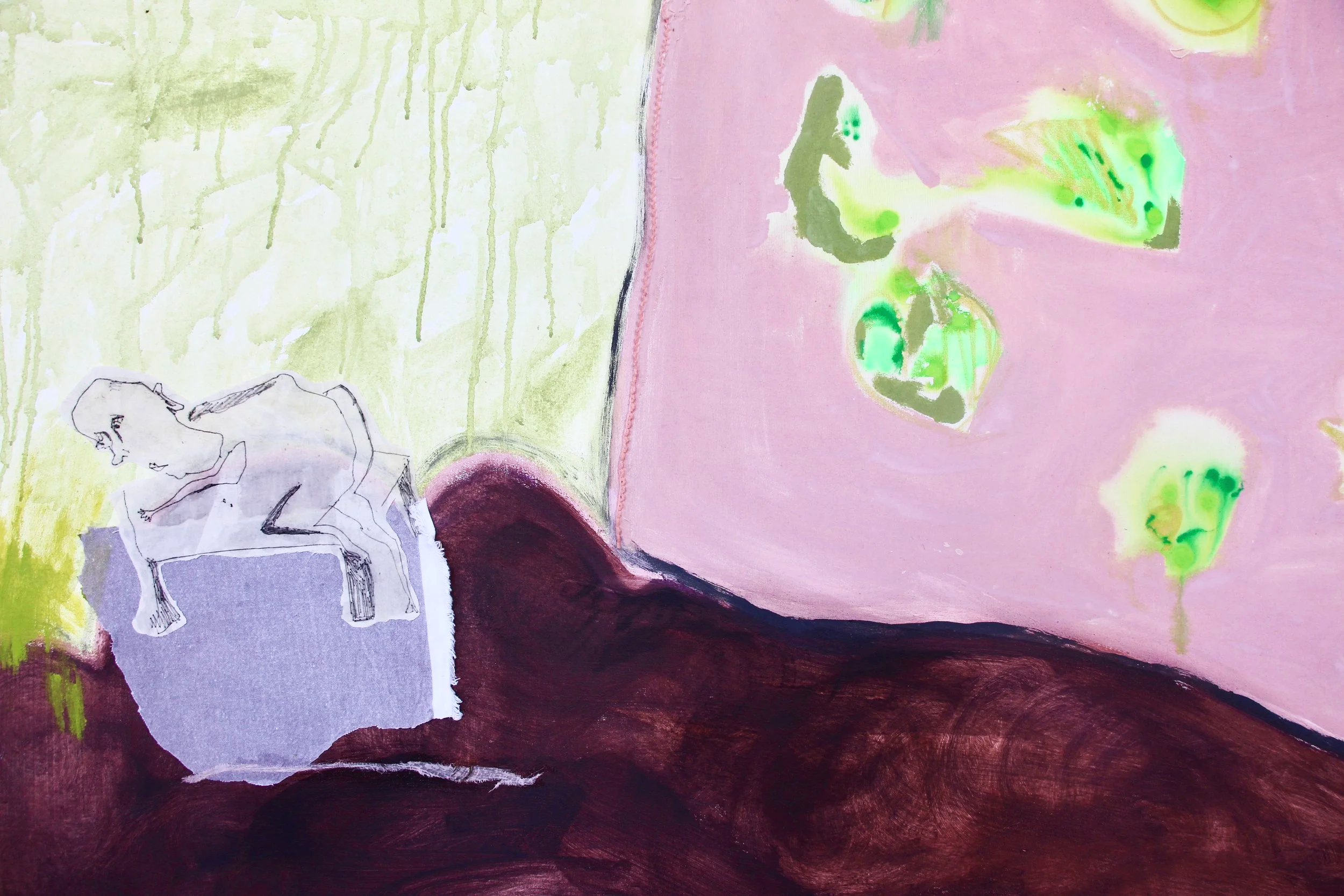 I really prefer you when my eyes are closed and I am really sorry about this but my eyes are still closed (2026) monoprint, acrylic and found material collage on stretched canvas, 122 × 92 cm