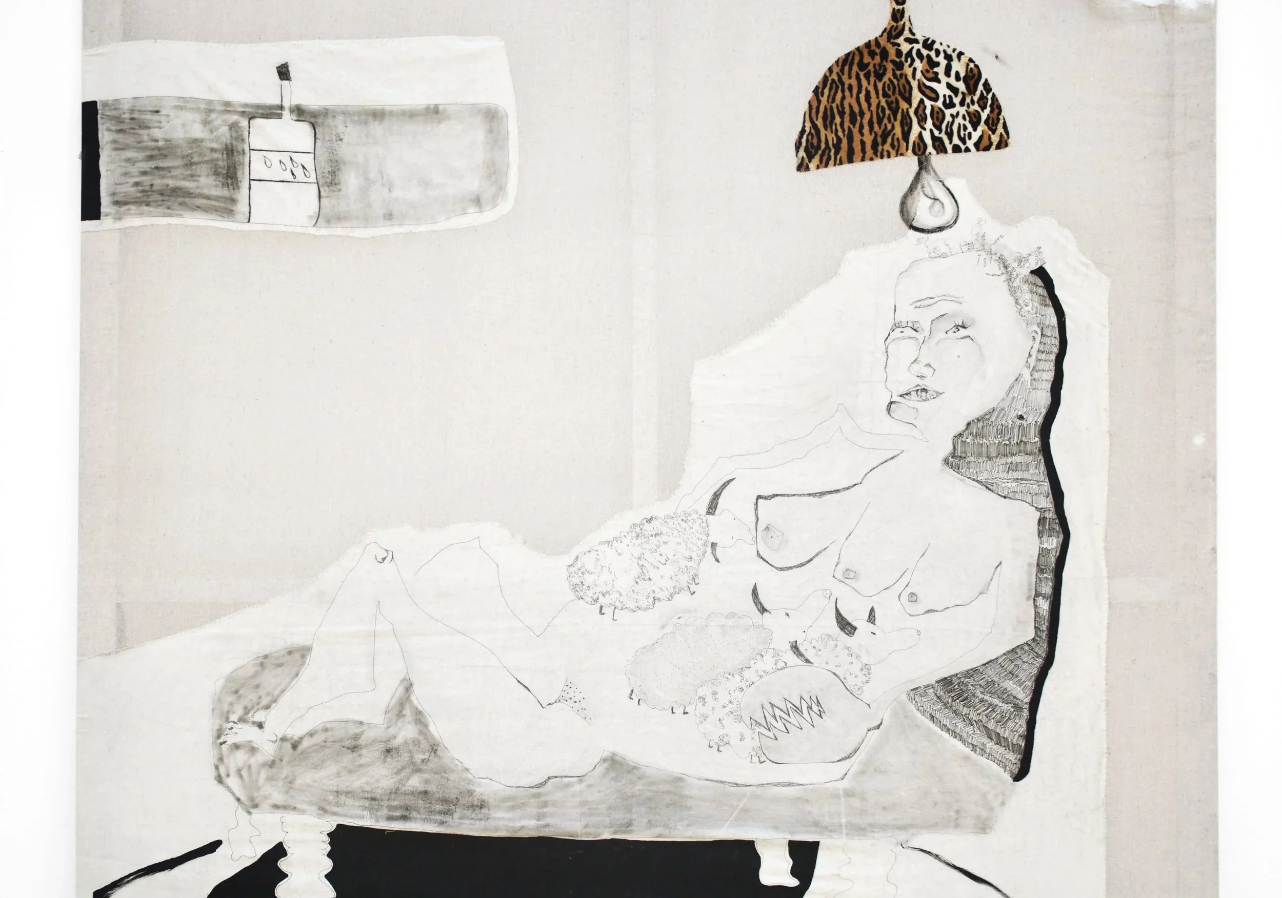 Section from: I stick my toe on as ewe stick yours. Lesbians who made a baby. (2026) monoprint on cotton stitched with cotton twill, found material and acrylic, 200 x 235 cm