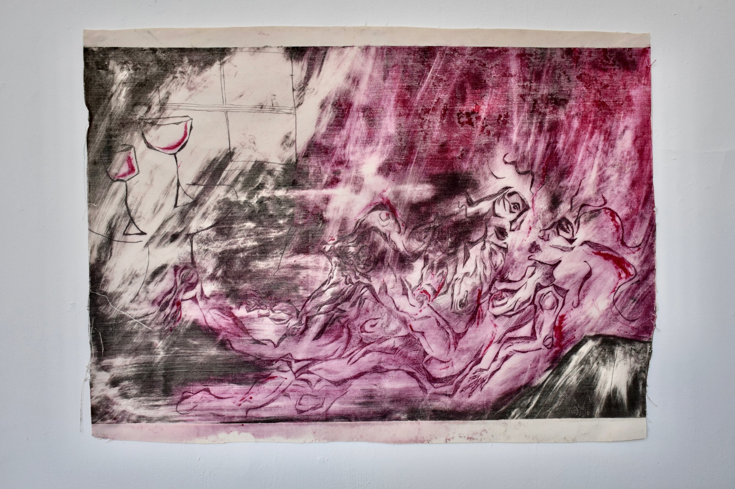 SLEEPERS VII (2024) 0.93 x 0.6 m drypoint etching and monotype on unprimed canvas